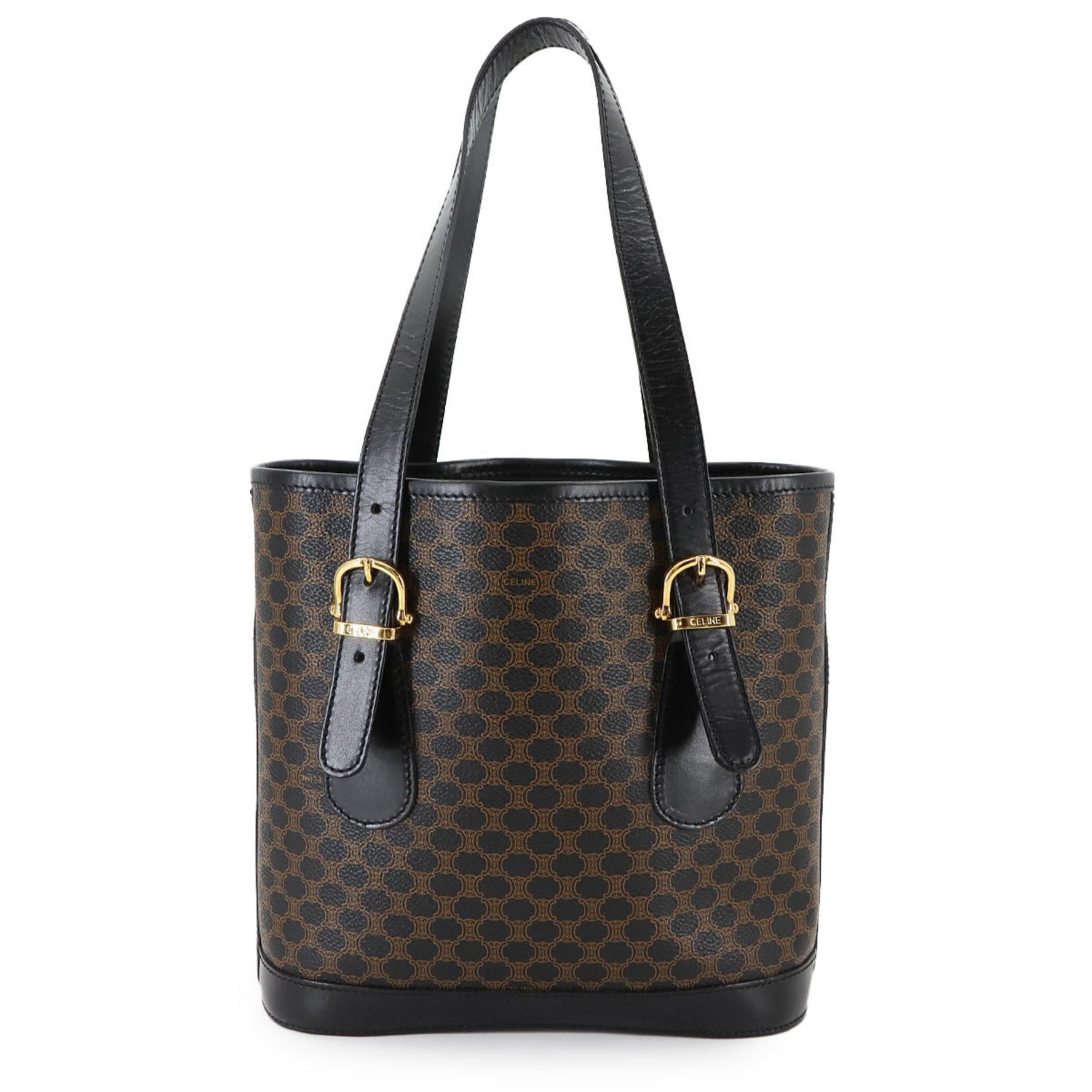 Celine Macadam Tote Bag in black, brown, and gold hardware.