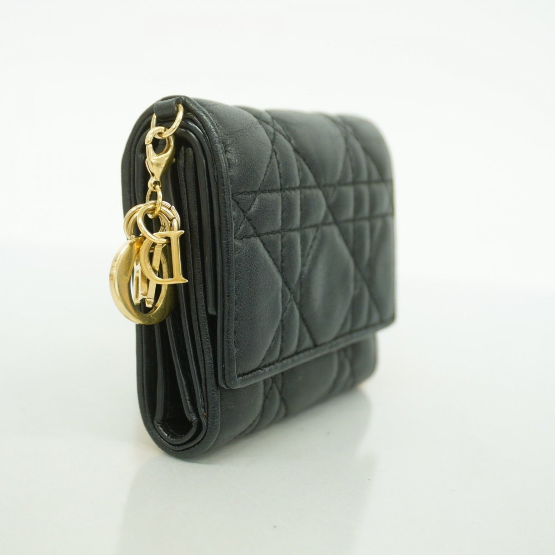 Christian Dior Cannage Leather Tri-fold Wallet in Black Champagne for Women