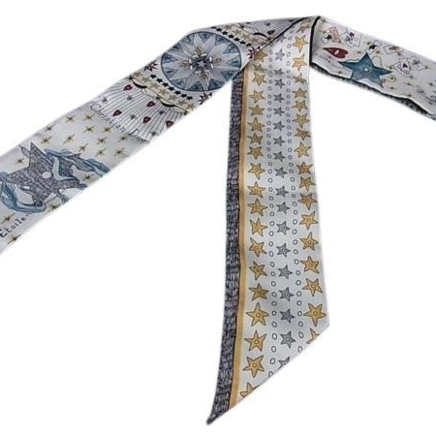 Christian Dior Mitzah L'Etoile Scarf in White and Multicolor Silk with Tarot Ribbon Design