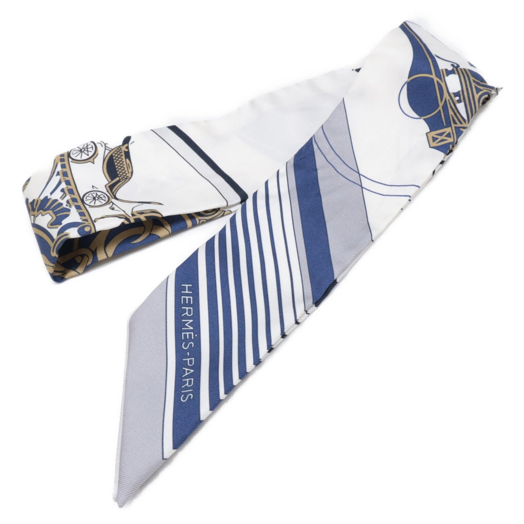 HERMES 10 EX-Libris Silk Twilly Scarf BLANC MARINE GRIS