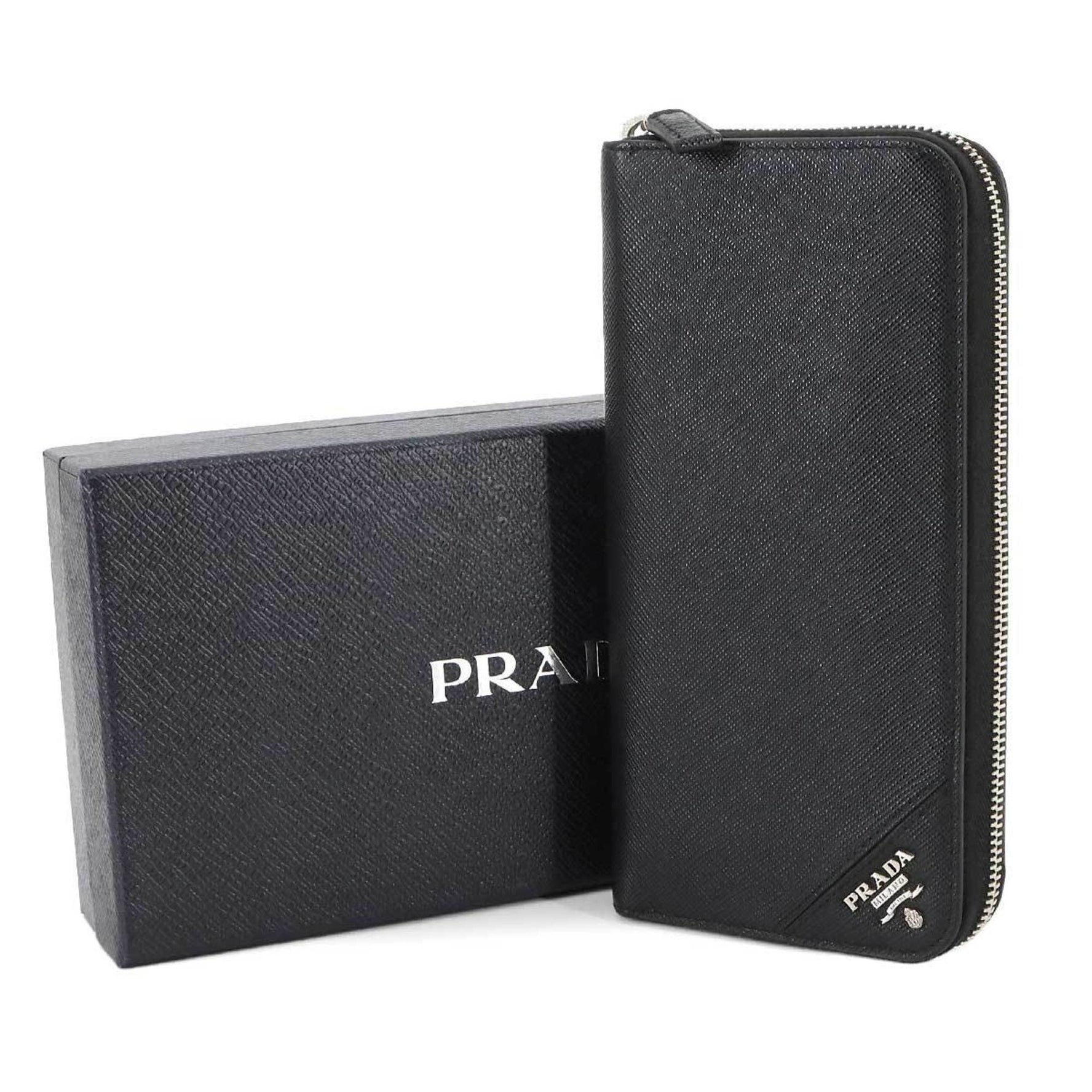 Prada Saffiano Round Long Wallet in Nero Leather with Silver Hardware, 2ML317
