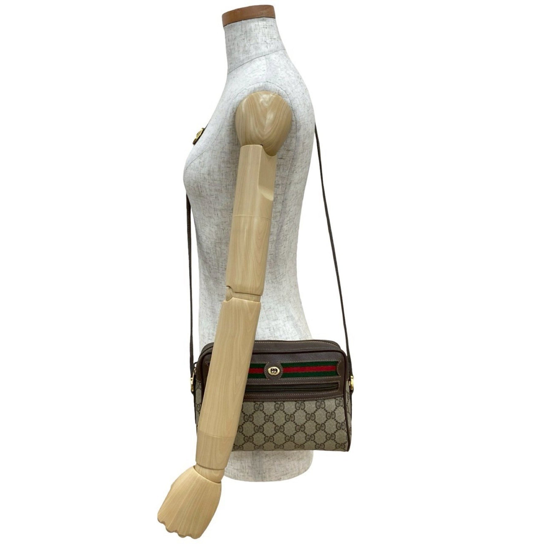 GUCCI Old Sherry Line GG Logo Hardware Leather Shoulder Bag Pochette Brown