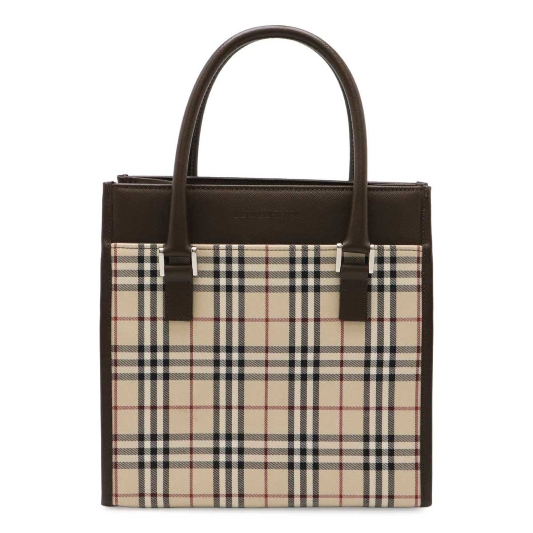BURBERRY Nova Check Pattern Handbag Tote Bag Canvas Leather Beige Dark Brown Black Bordeaux