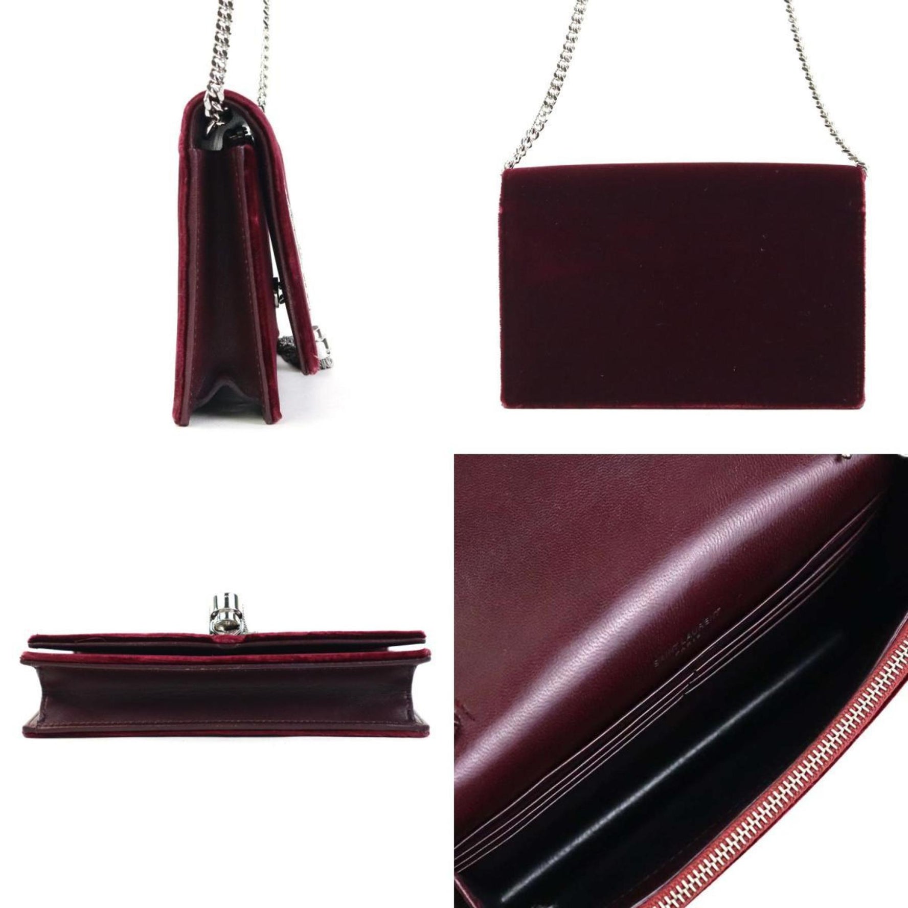 Saint Laurent shoulder bag, wallet, velvet, rhinestone, burgundy, silver, women's, e60336a