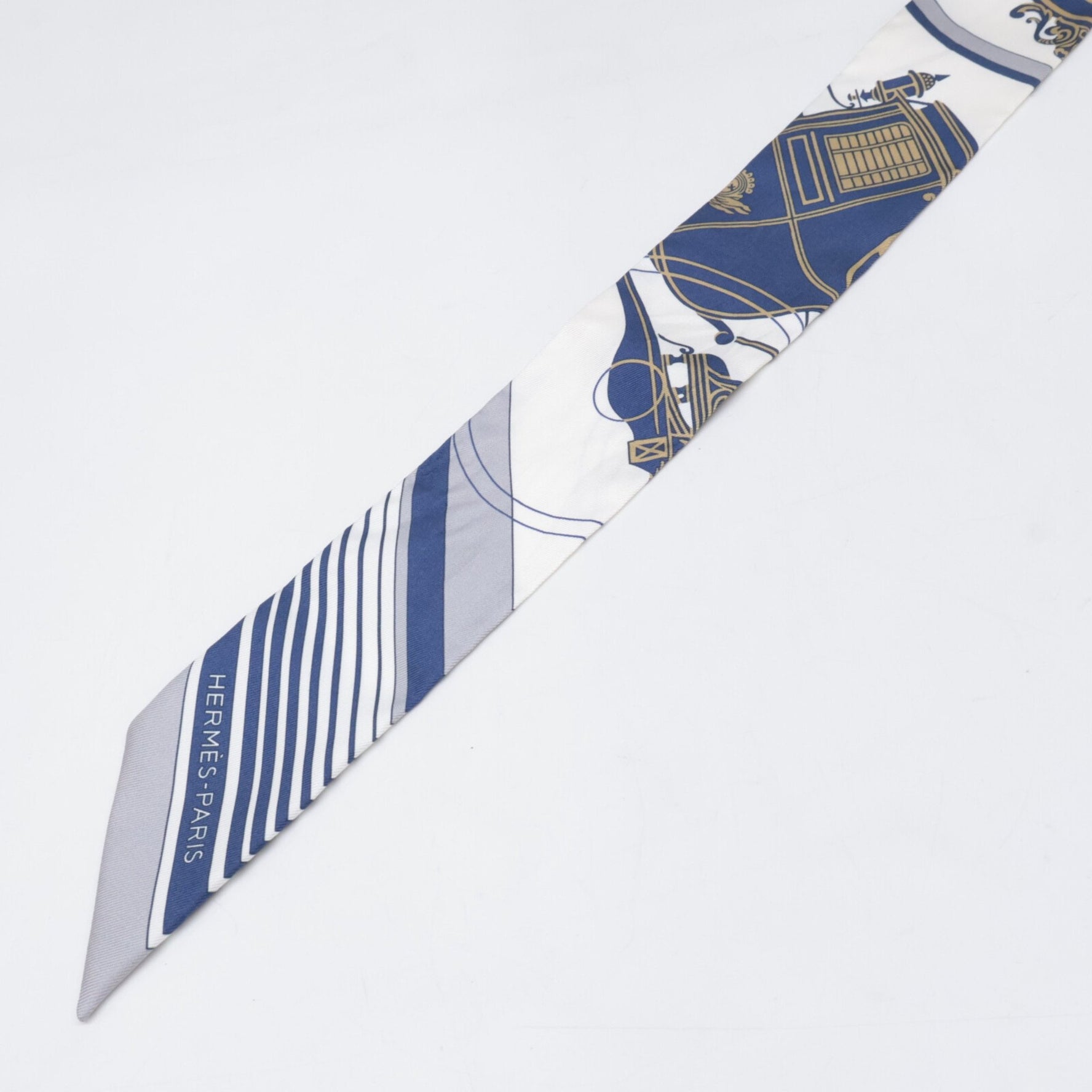 HERMES 10 EX-Libris Silk Twilly Scarf BLANC MARINE GRIS