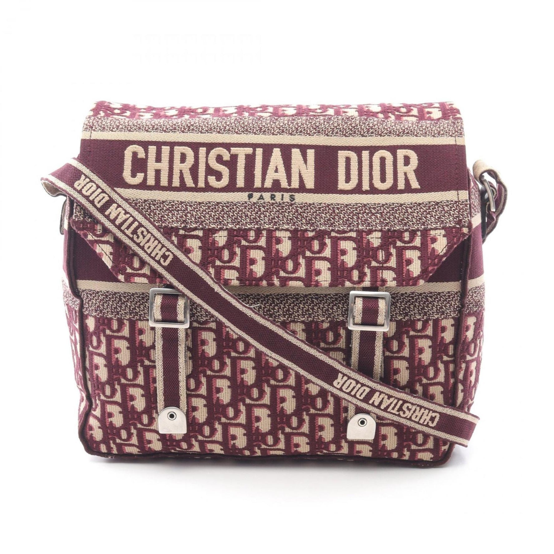 Christian Dior Dior Camp Oblique Shoulder Bag, Canvas and Leather, Bordeaux/Beige