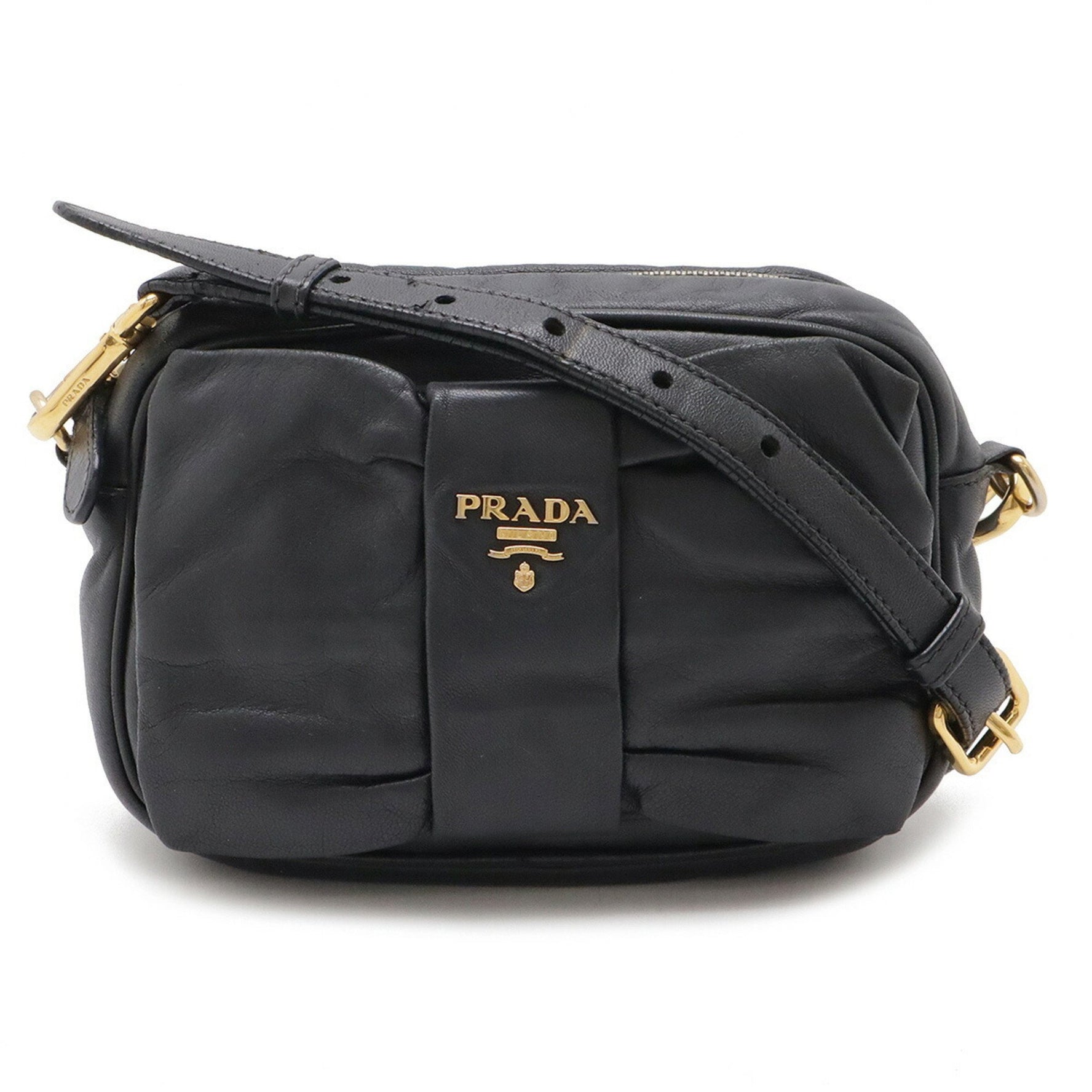 PRADA Prada Ribbon Motif Shoulder Bag Pouch Pochette Clutch Leather NERO Black BP0166