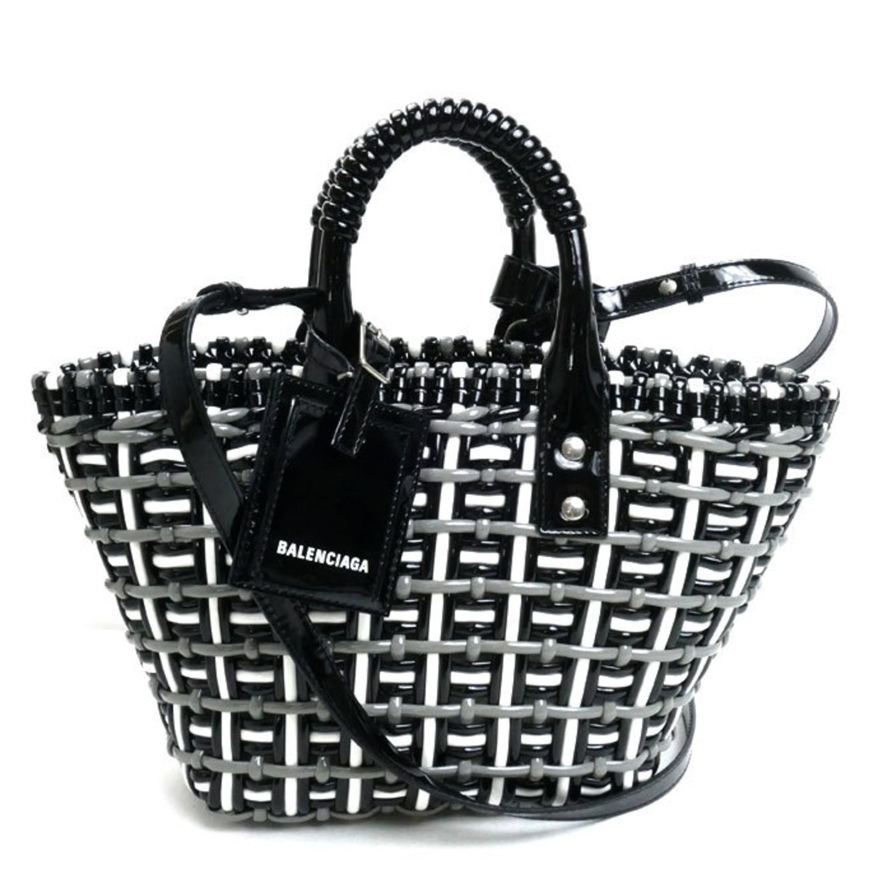 BALENCIAGA Bistro Basket Bag XS Shoulder Handbag Black x White Grey 2IE6Y Women's