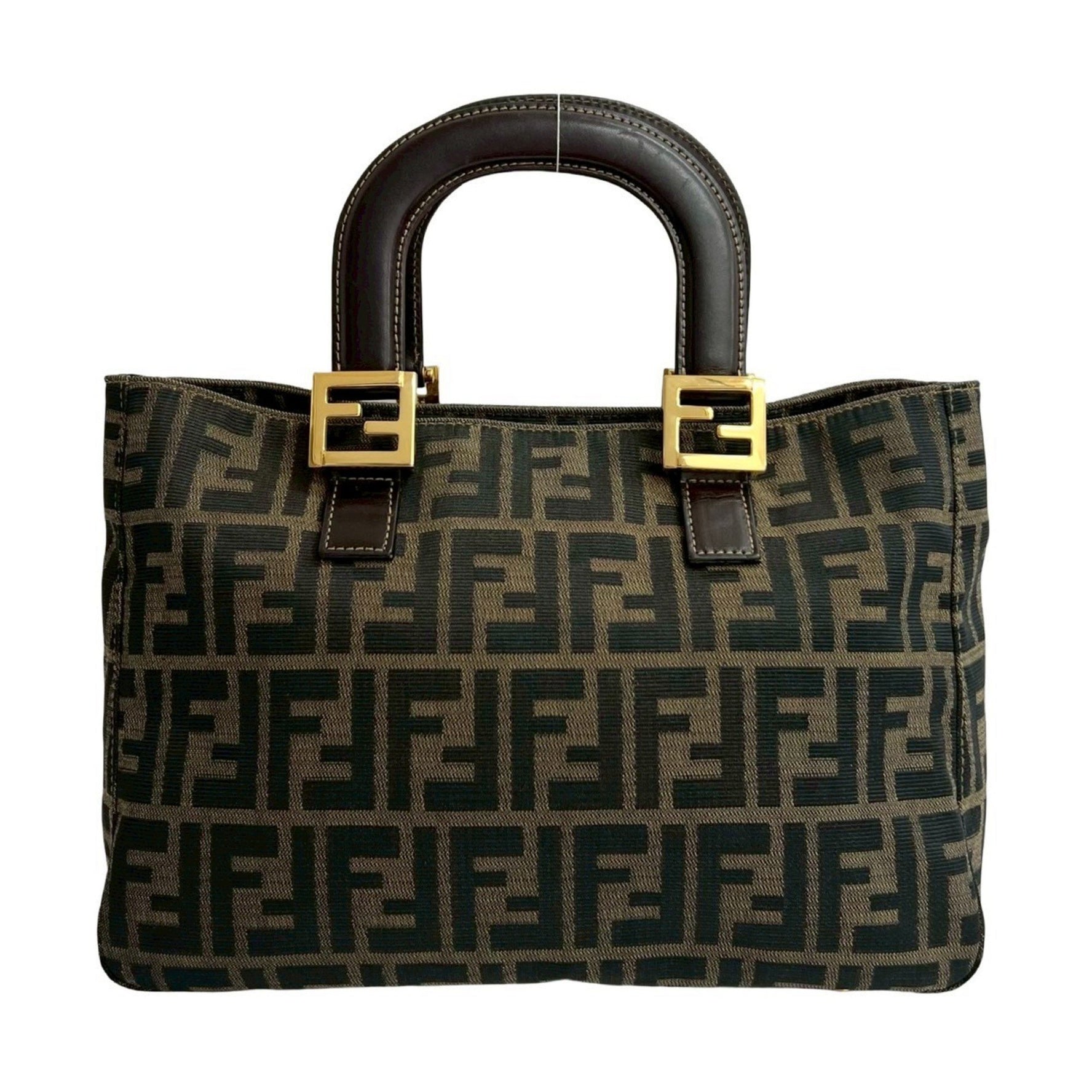 FENDI Zucca FF pattern logo metal hardware canvas and leather handbag mini tote bag brown black