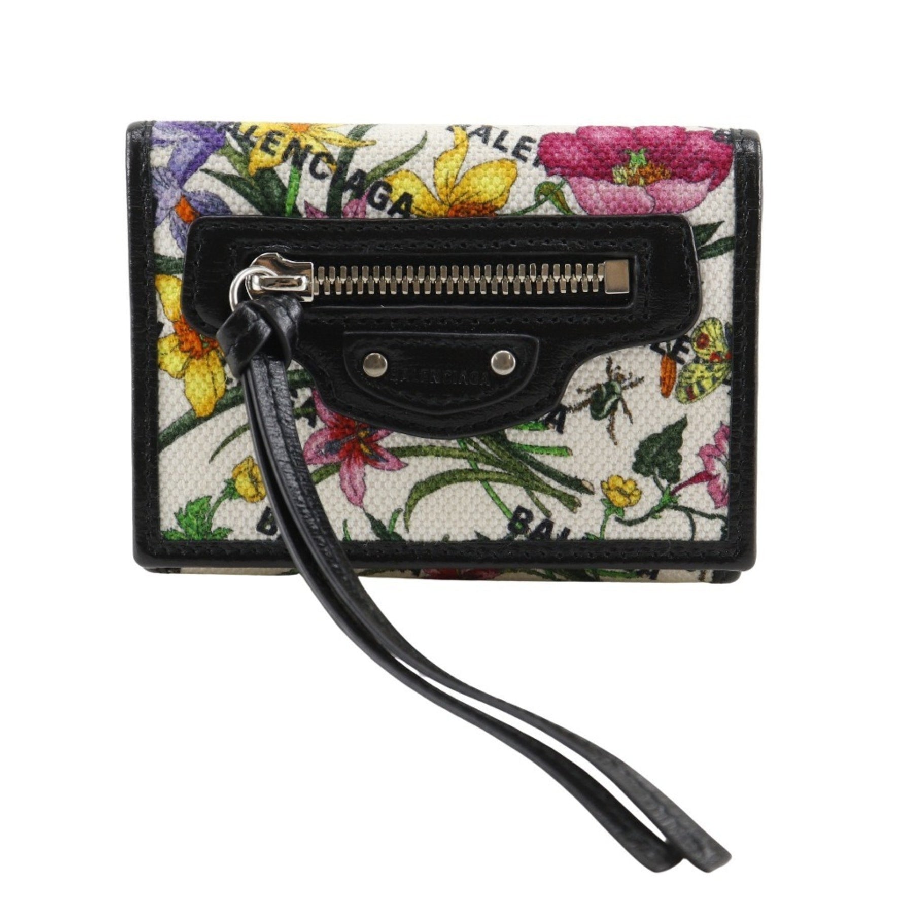 Gucci Neo Classic Mini Wallet, a tri-fold wallet in collaboration with Balenciaga and The Hacker Project, model number black/multicolor canvas floral snap closure.