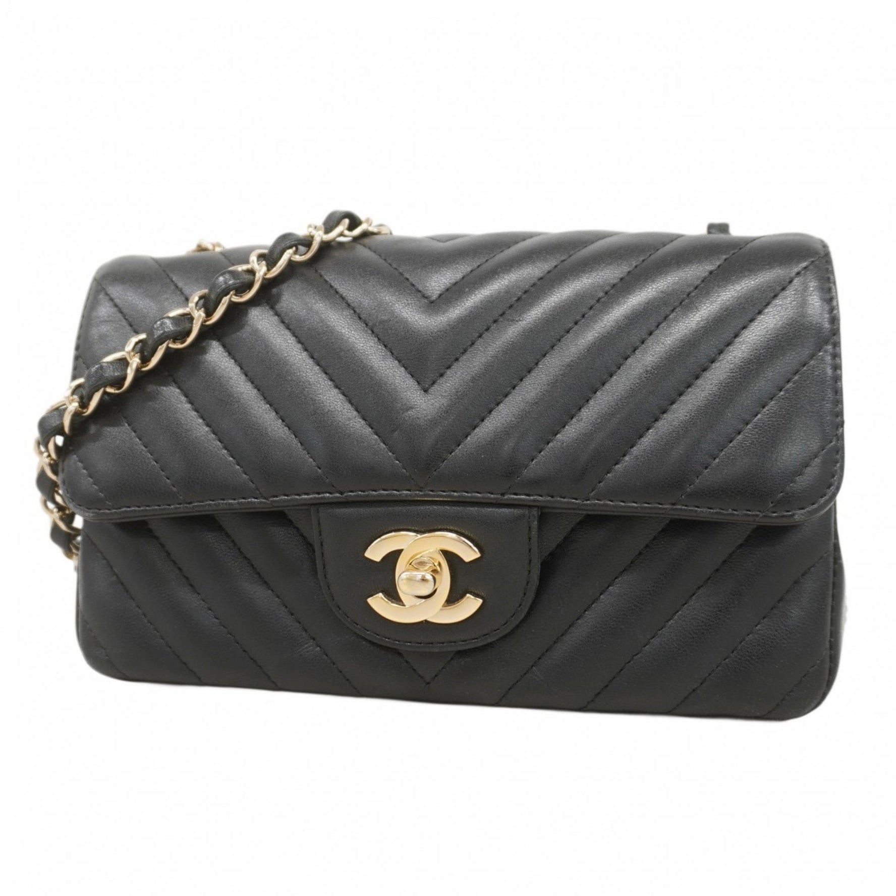 Chanel Shoulder Bag, V-Stitch Chain Lambskin, Black, Champagne