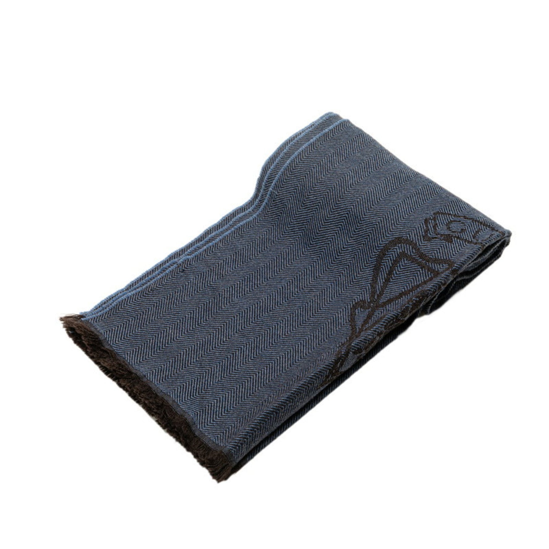 Gucci Emblem Crest Herringbone Scarf 08.338.986 Blue Brown Wool Women's GUCCI