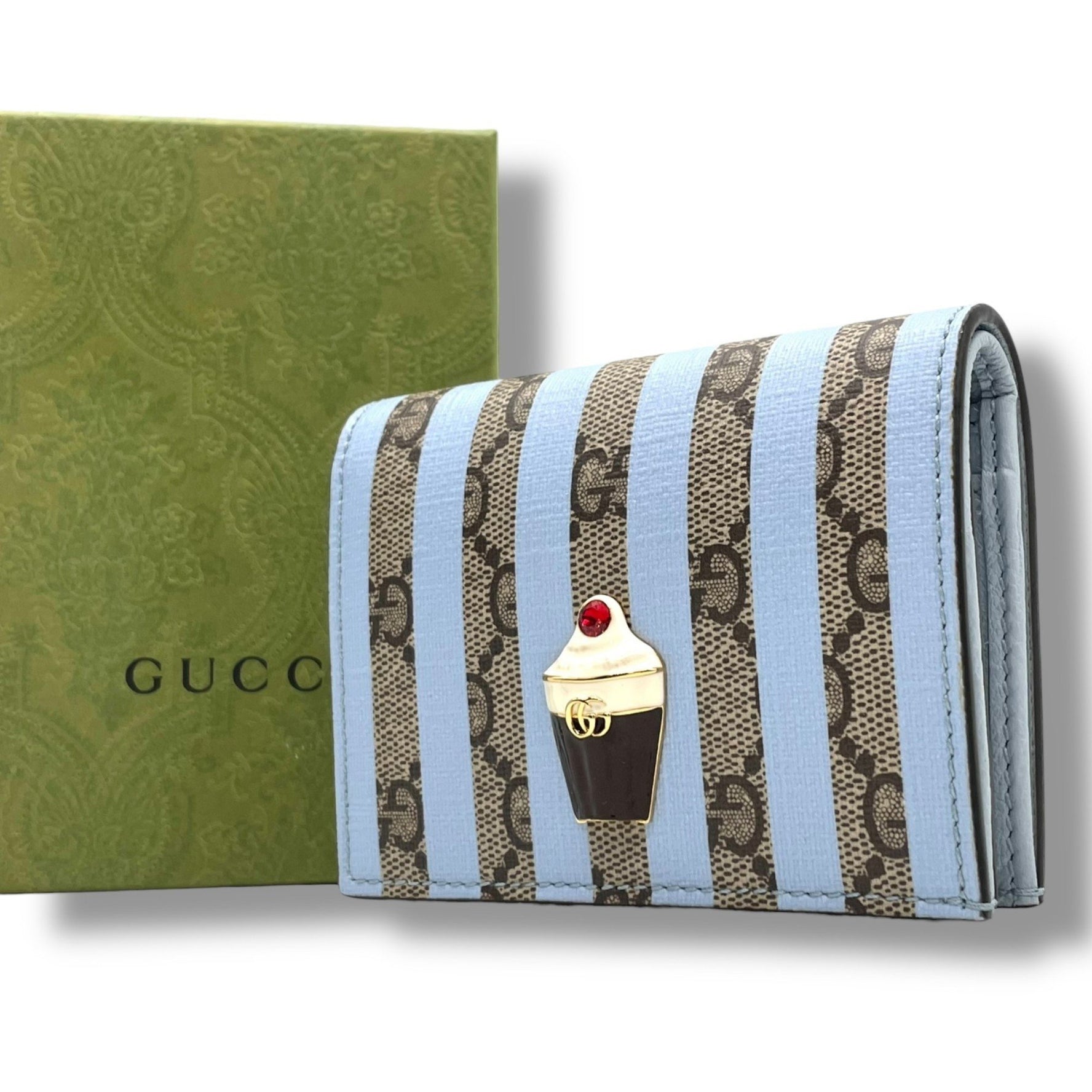 GUCCI GG Supreme Ice Cream Bifold Compact Wallet in Beige and Light Blue Leather, Women's, M2