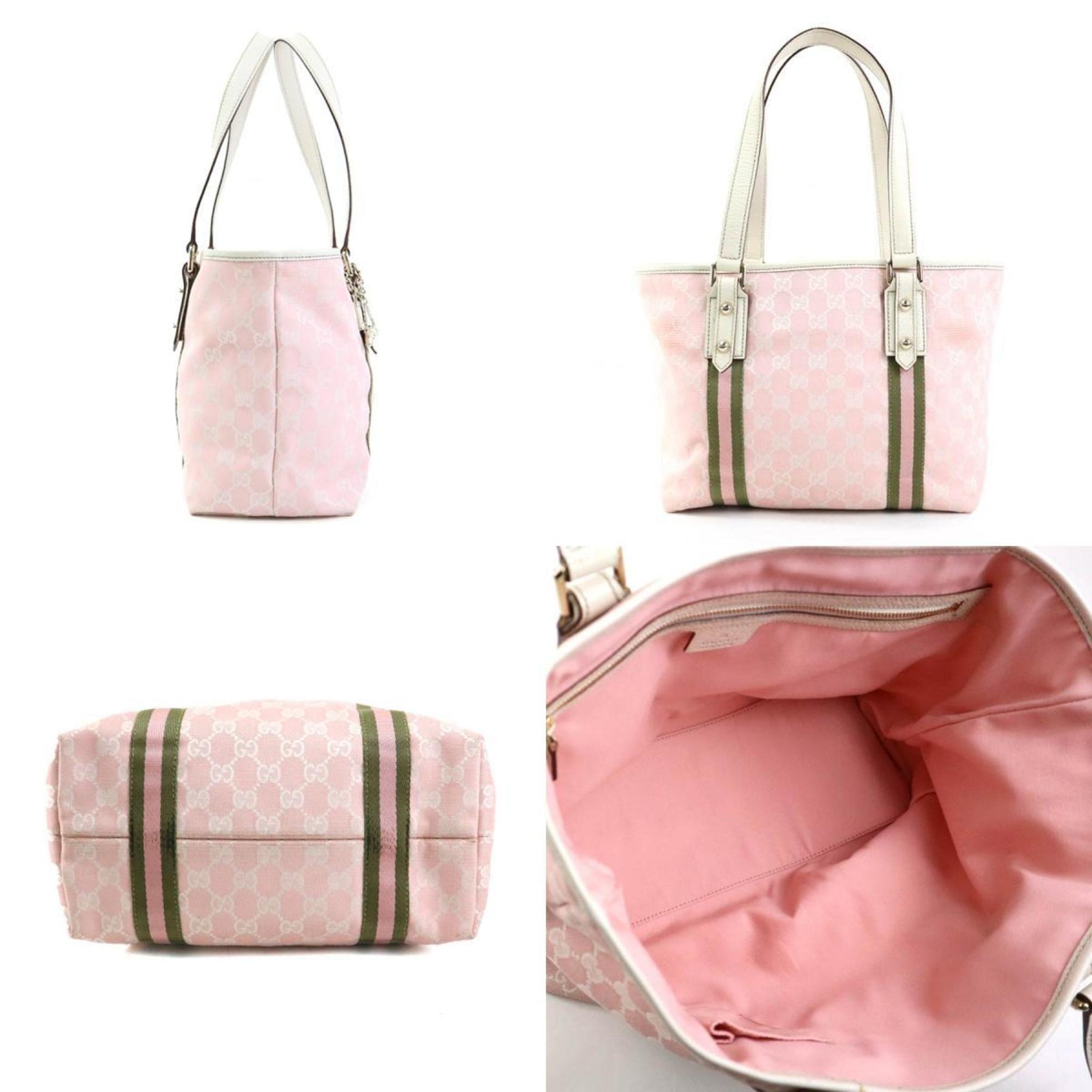 GUCCI Shoulder Bag Tote GG Canvas Leather Pink Off-White Khaki Gold