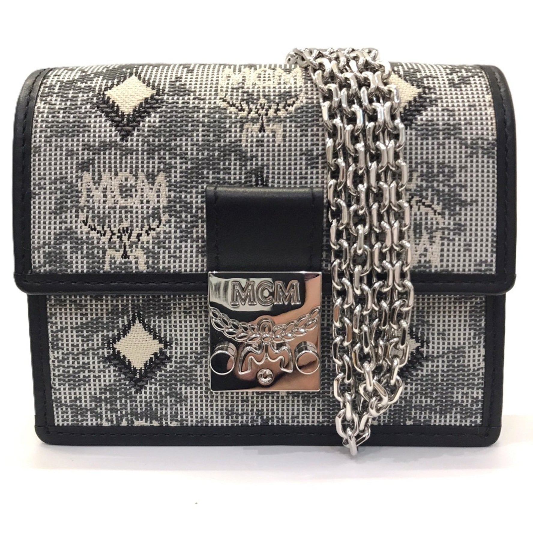 MCM Card Wallet on Chain Crossbody Monogram Jacquard Grey
