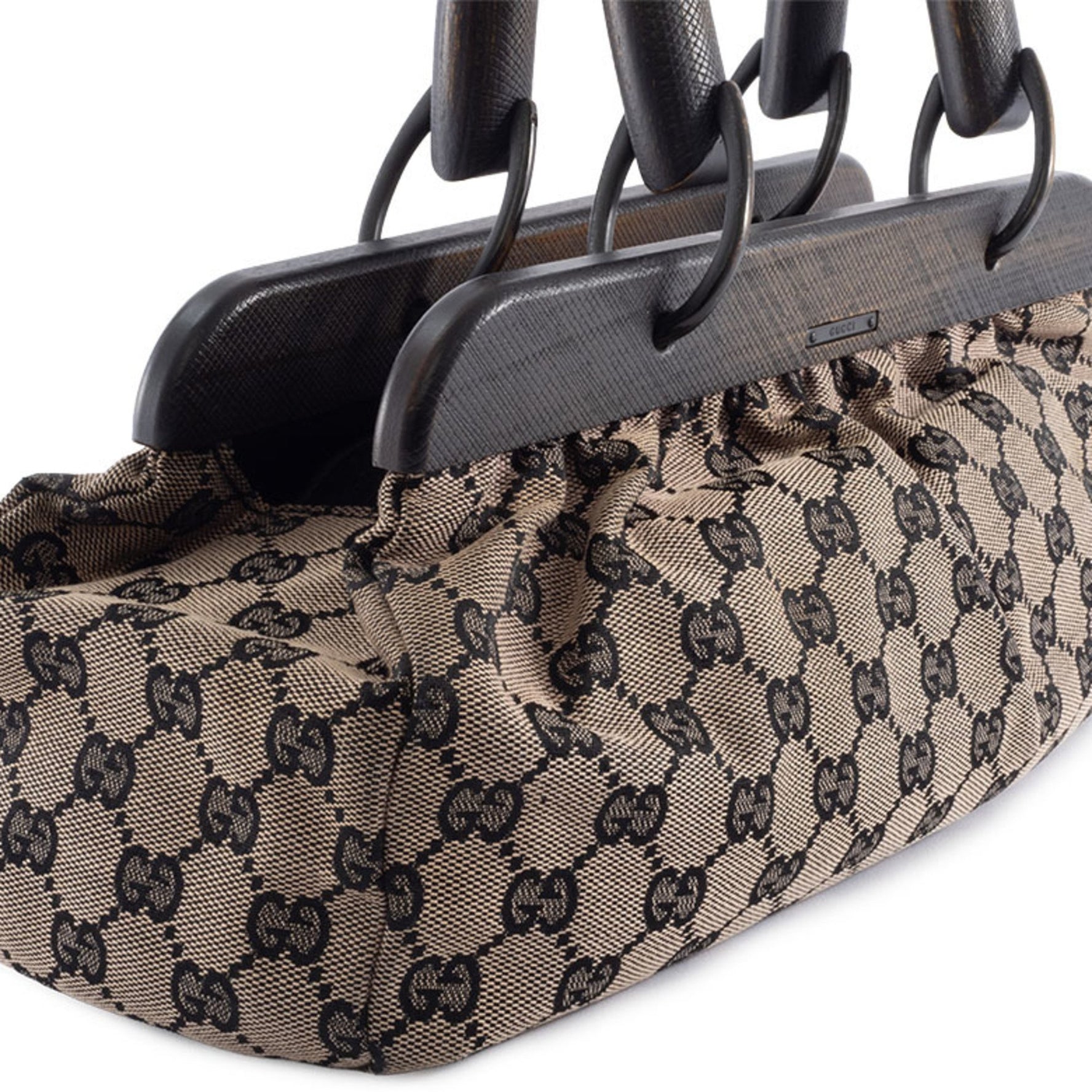 Gucci GG Canvas Handbag with Wooden Handle Beige Leather, Black