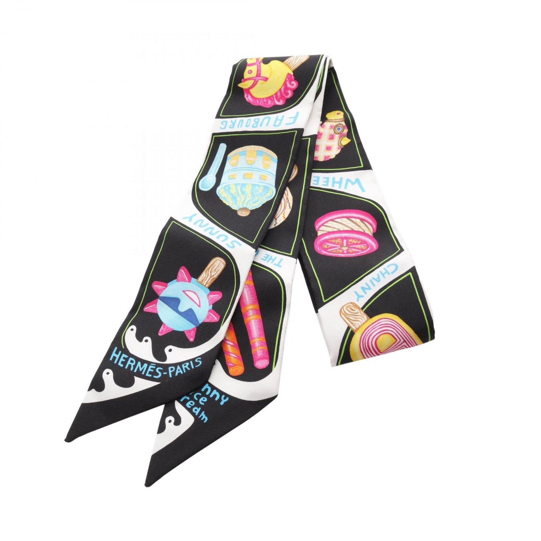 Hermes Hermès Twilly FUNNY ICE CREAM Silk Scarf in Black and Multicolor