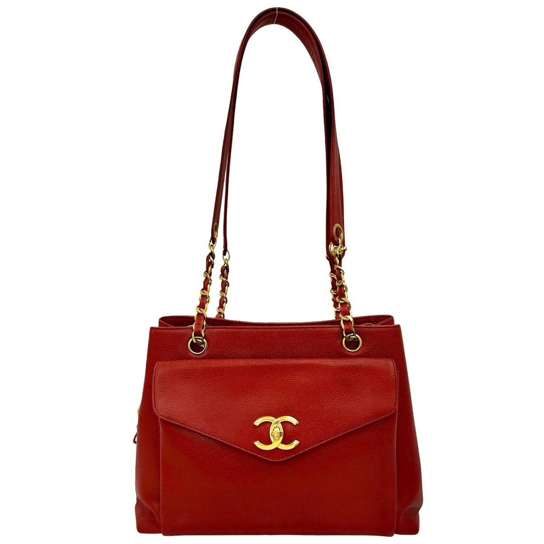 CHANEL Coco Mark Caviar Skin Tote Bag/Semi Shoulder Bag Red