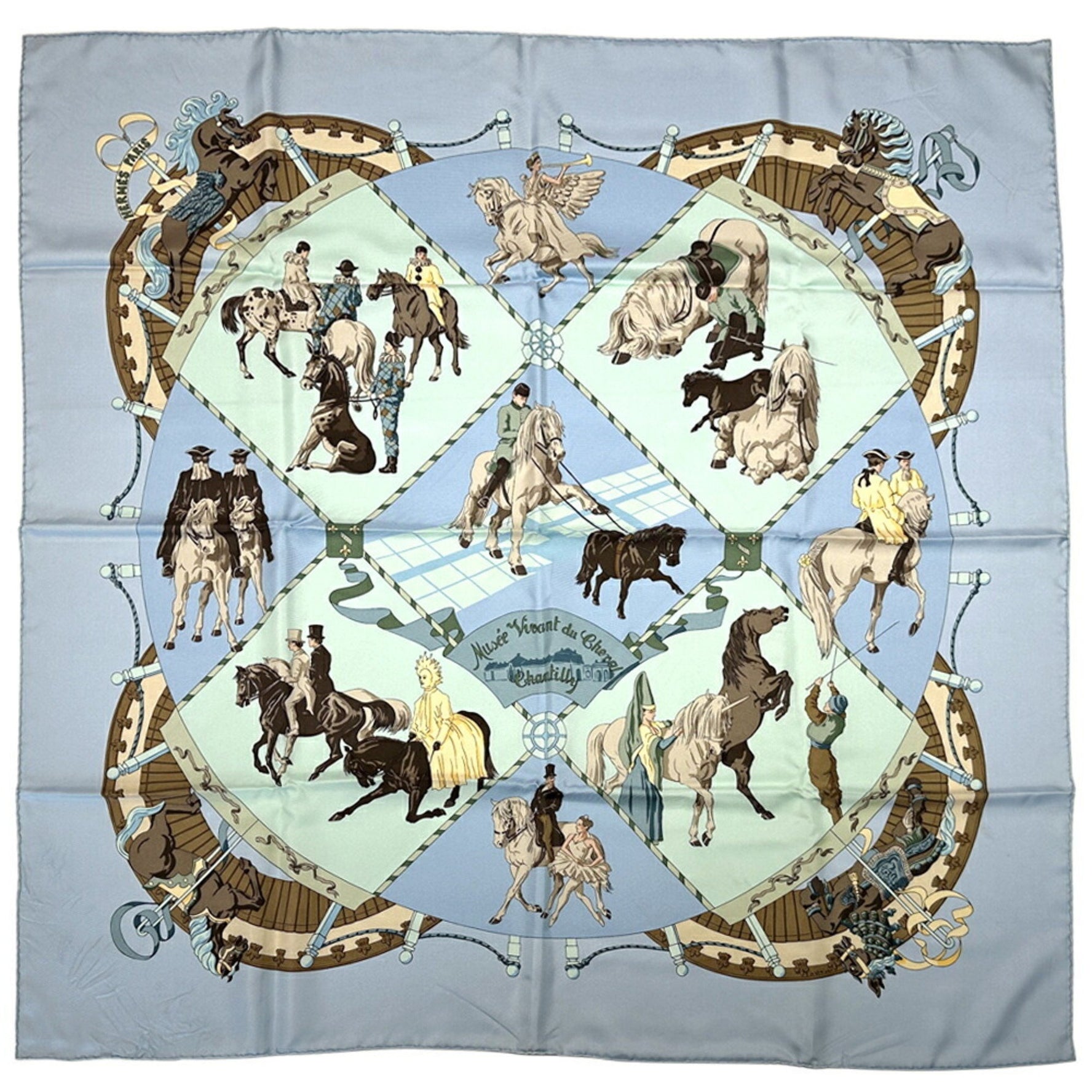 Hermes Hermès Carré 90 Scarf, Musee Vivant du Cheval Chantilly, Horse Museum, Silk, Light Blue, Multicolor, Horse, Animal