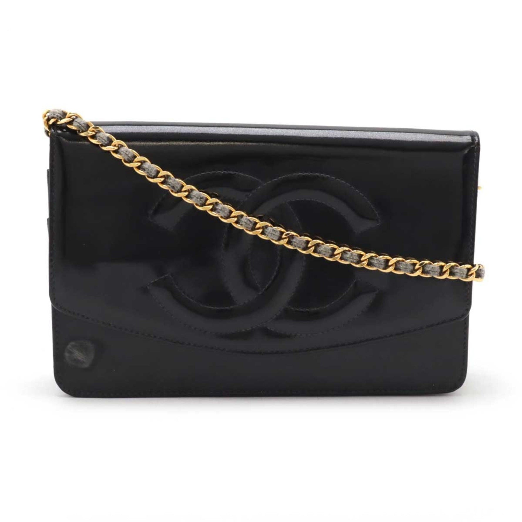 CHANEL Coco Mark Chain Wallet Shoulder Bag Pochette Enamel Patent Leather Black
