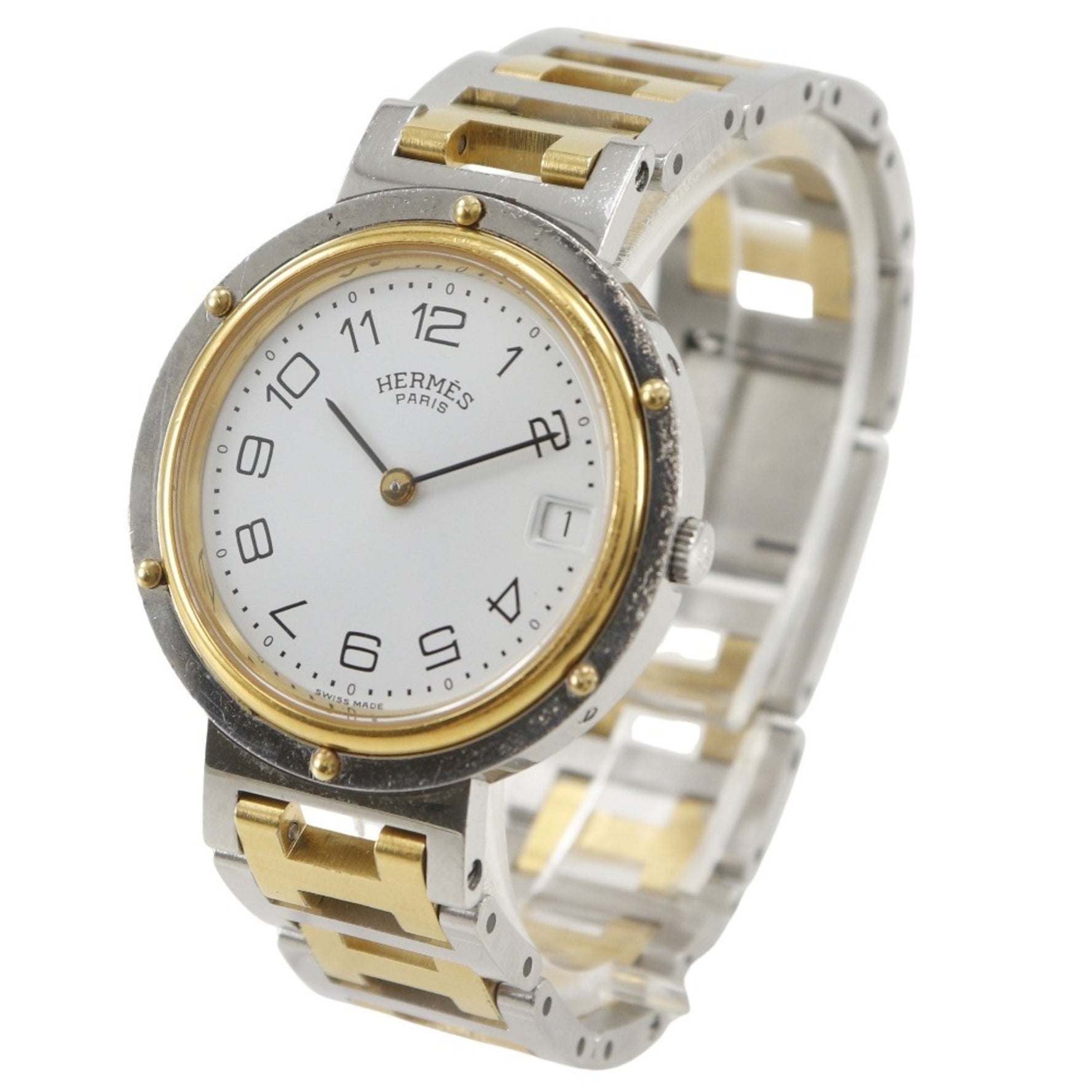 Hermès Clipper Watch, Stainless Steel with Gold Plated Quartz Movement, Analog Display, White Dial, Unisex