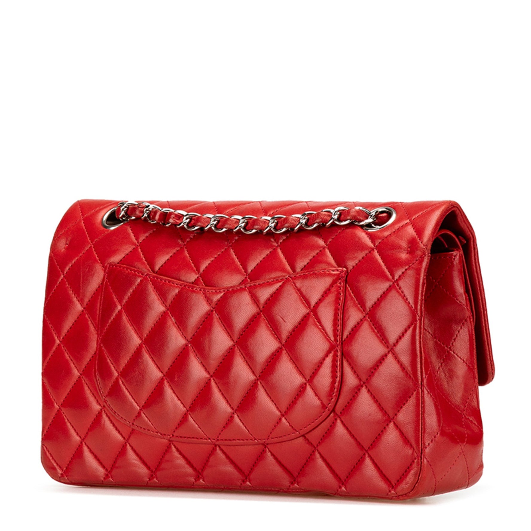 CHANEL Coco Mark Matelasse 25 Double Flap Chain Shoulder Bag in Red Lambskin