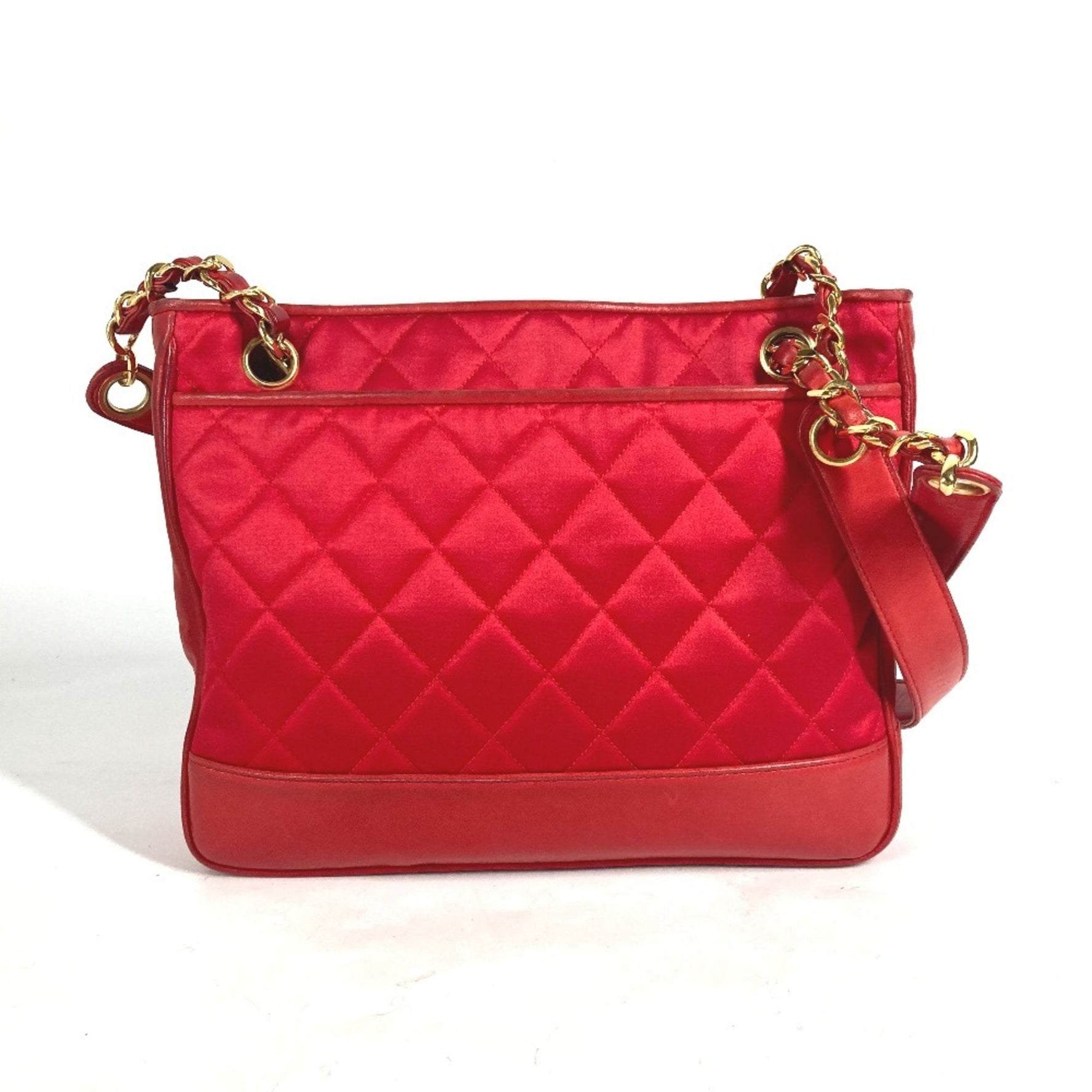 CHANEL Vintage Coco Ball Matelasse Quilted Chain Bag Shoulder Tote Satin Leather Red