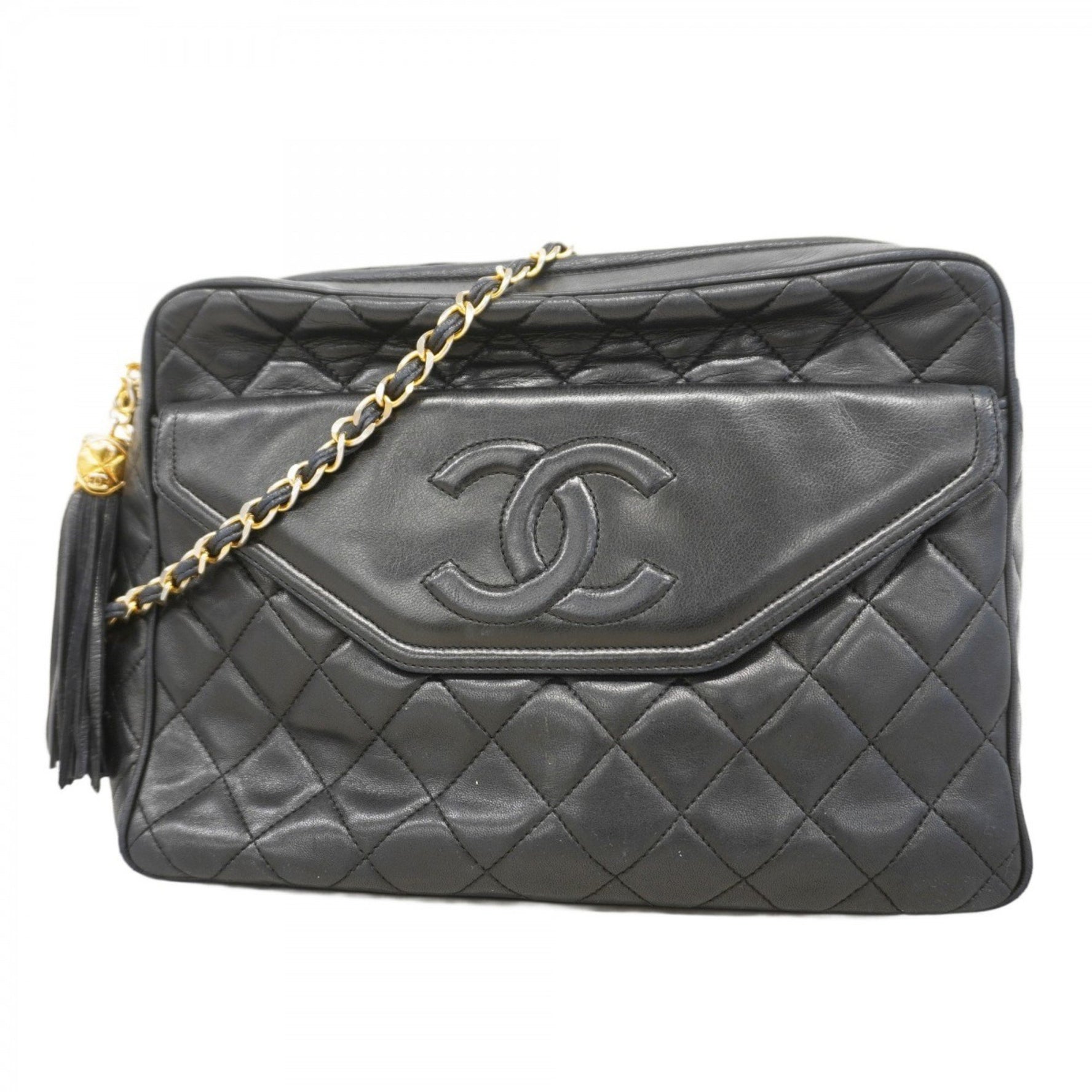 Chanel Matelasse Shoulder Bag with Chain Bag, Lambskin, Black, Women's
