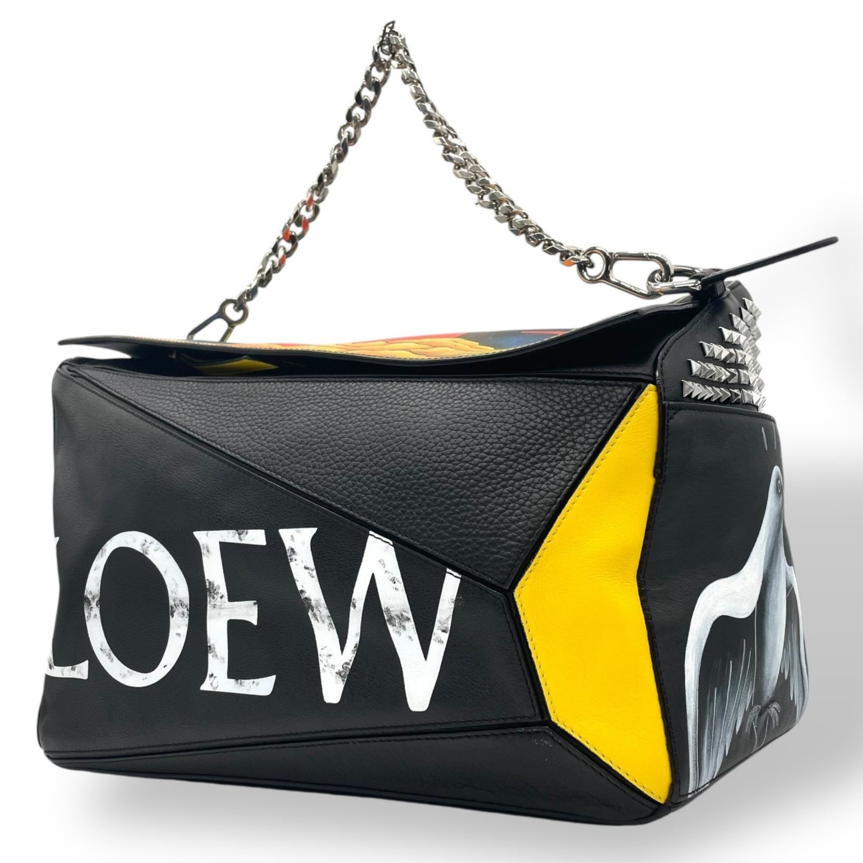 LOEWE Puzzle Bag, Large/Mini Boston Studs, Anagram Logo, Chain, Black, Multicolor, Men's/Women's, D