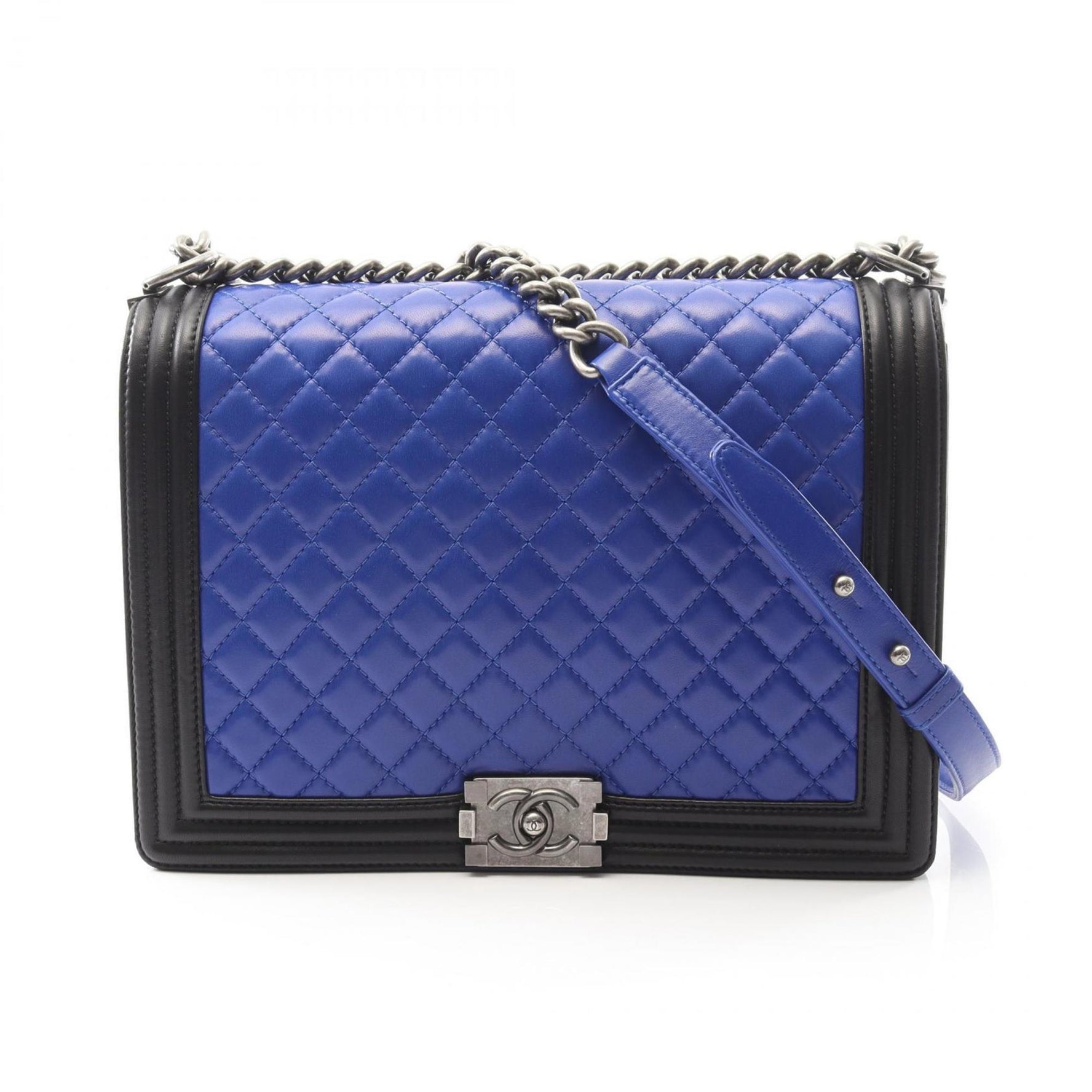 CHANEL Boy Large Matelasse Shoulder Bag in Lambskin Leather, Blue/Black