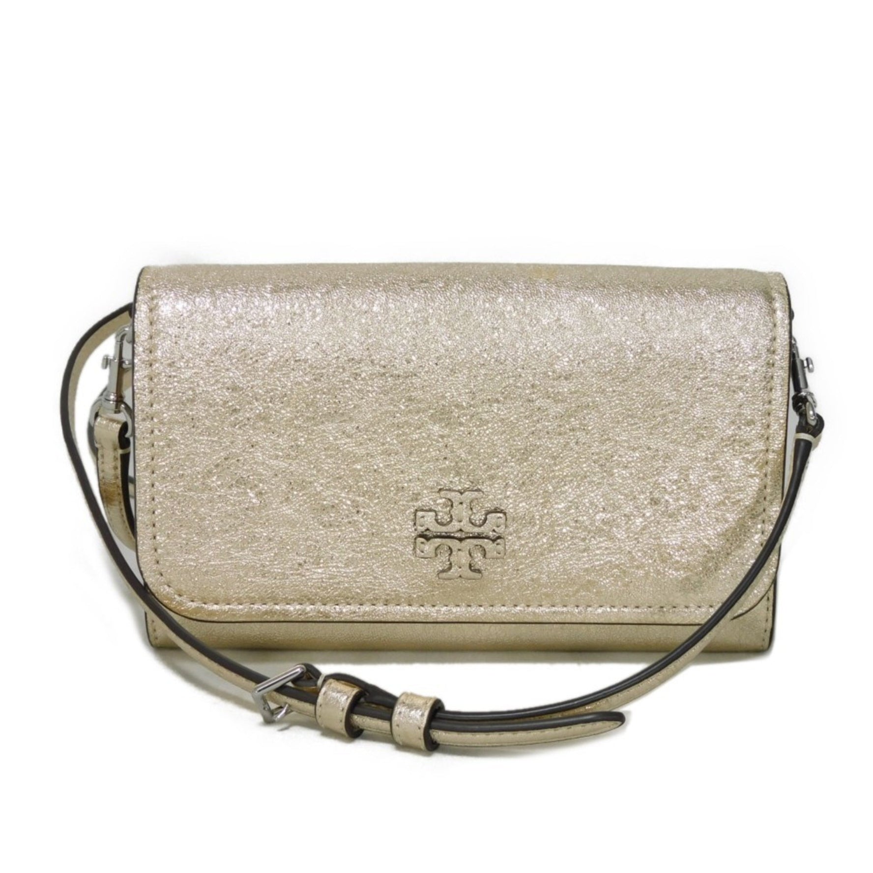 Tory Burch Shoulder Bag McGraw Thea Nappa Wrinkled Clutch Double T Metallic Gold Women's