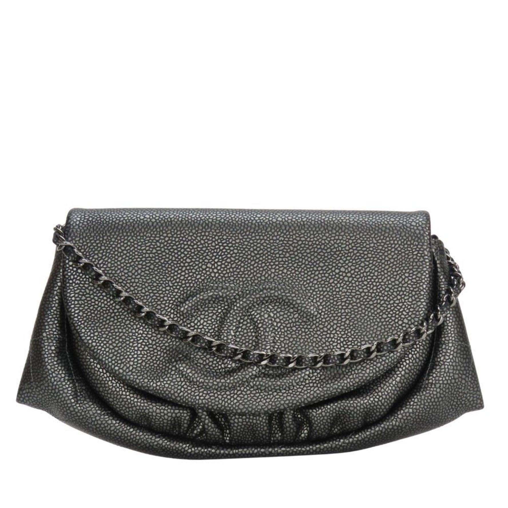 Chanel Half Moon Chain Wallet Shoulder Bag in Metallic Soft Caviar Leather with Coco Mark