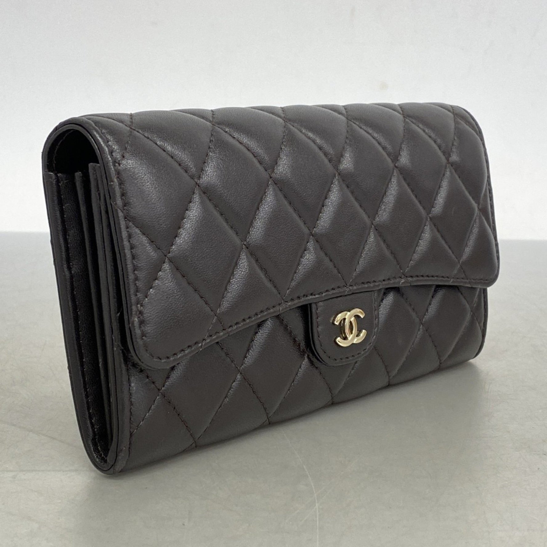 Chanel Matelasse Long Wallet, Lambskin, Dark Brown, Champagne