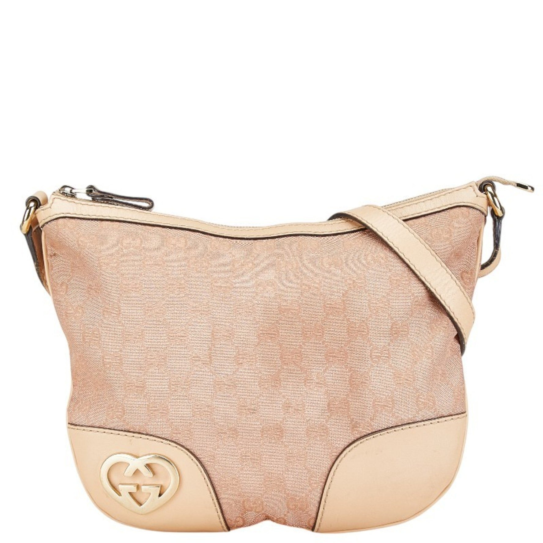 Gucci GG Canvas Lovely Heart Crossbody Shoulder Bag Pink Beige Leather