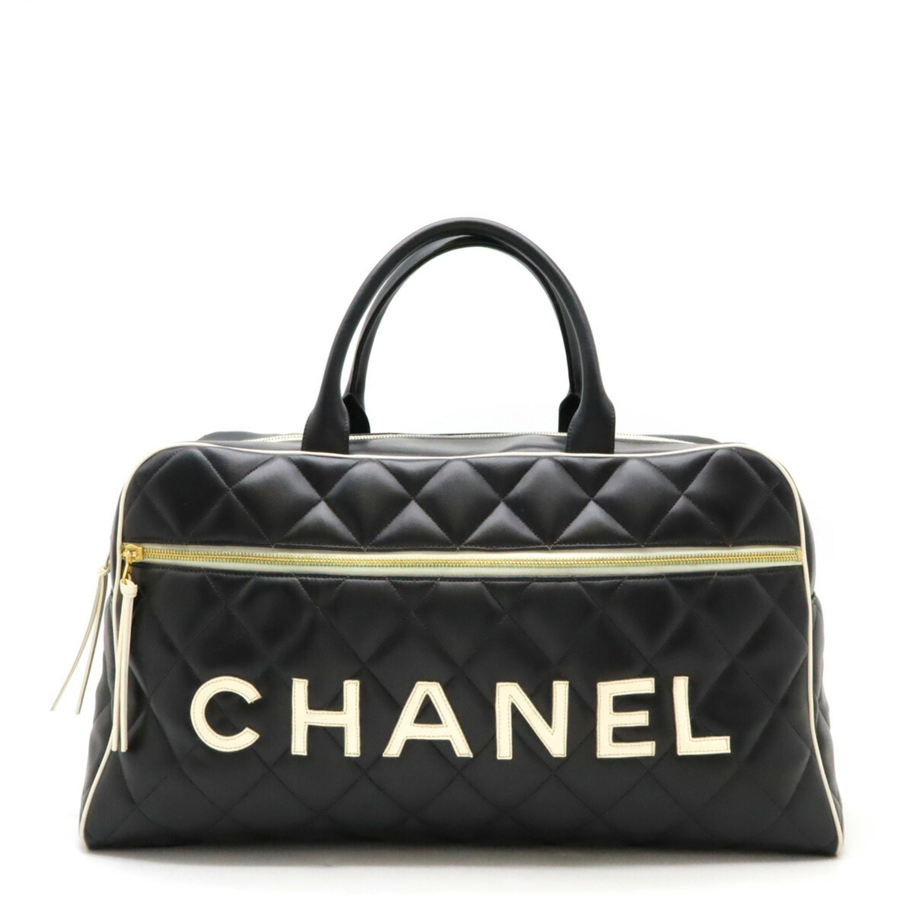 CHANEL Matelasse Bowling Bag Boston Travel Leather Black White