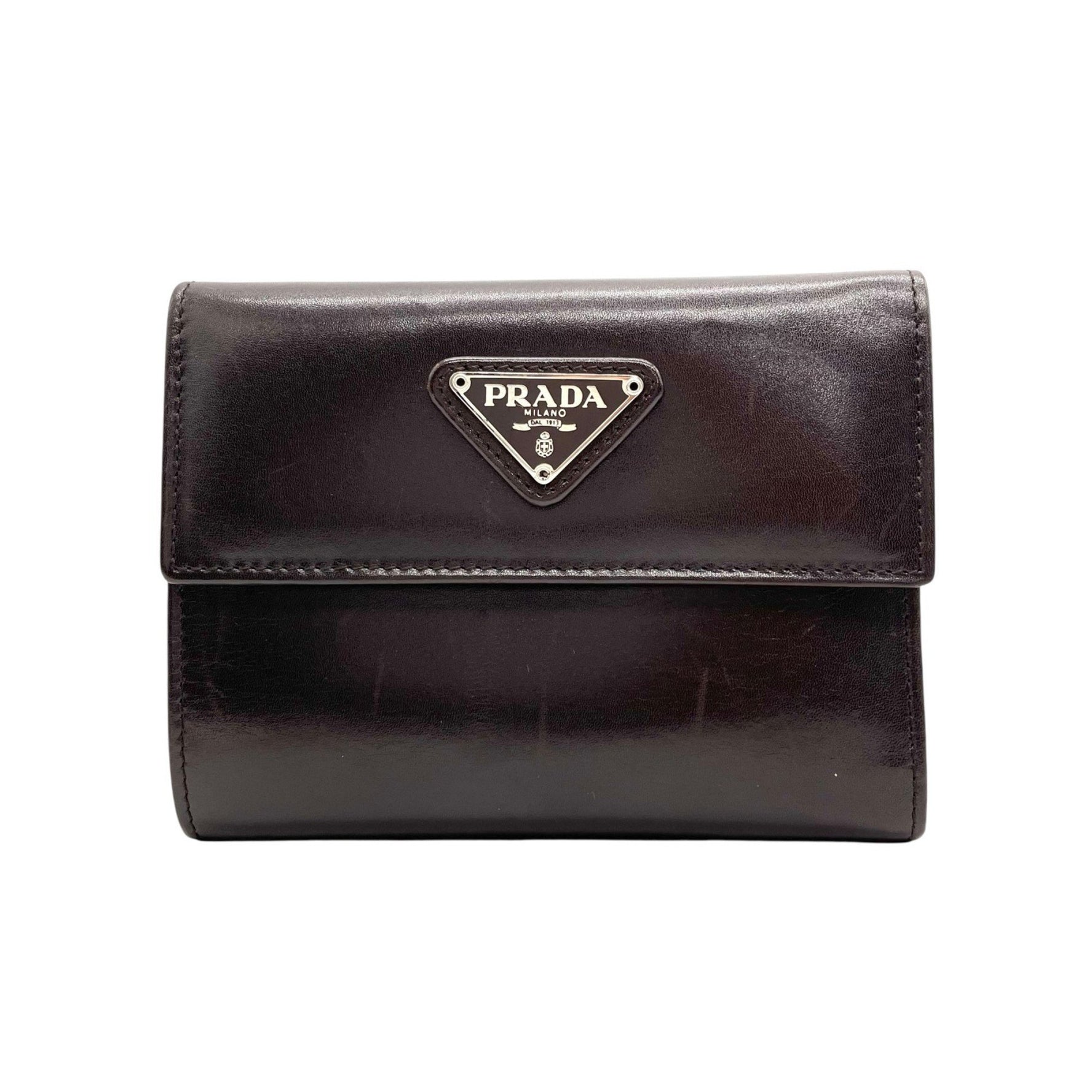PRADA Prada Tri-fold Wallet, Compact Triangle Logo, Brown/Dark Brown Leather, Silver Hardware, Men's/Women's, M5