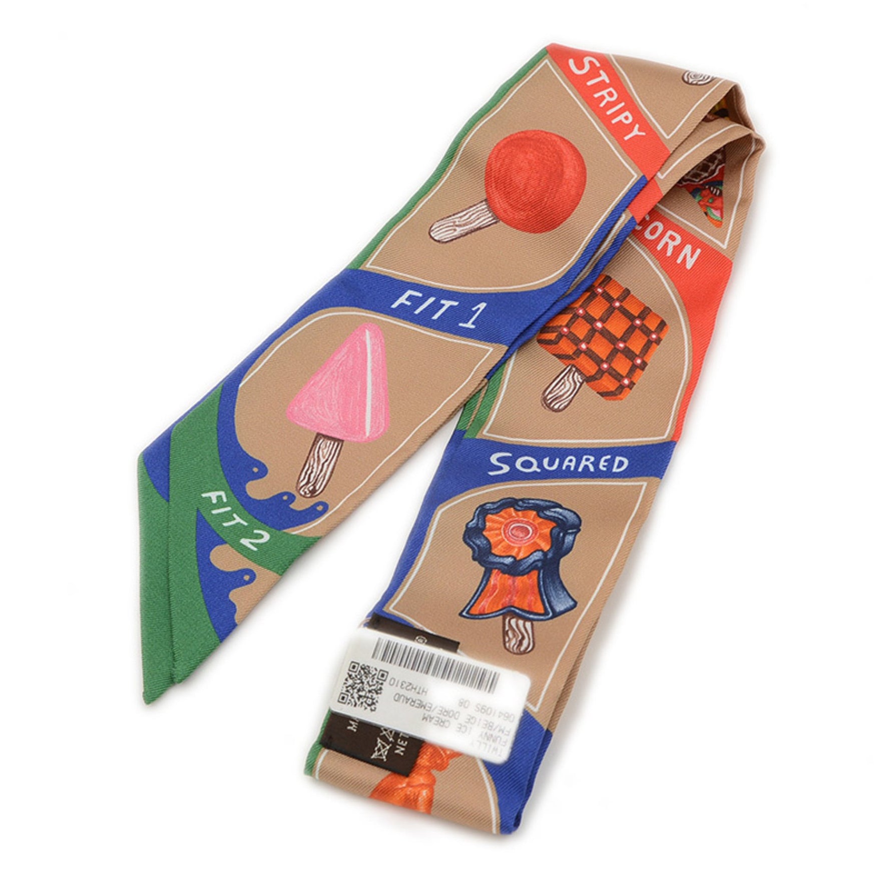 Hermes Twilly Scarf/Muffler Funny Ice Cream Beige Dress Emerald Silk BP