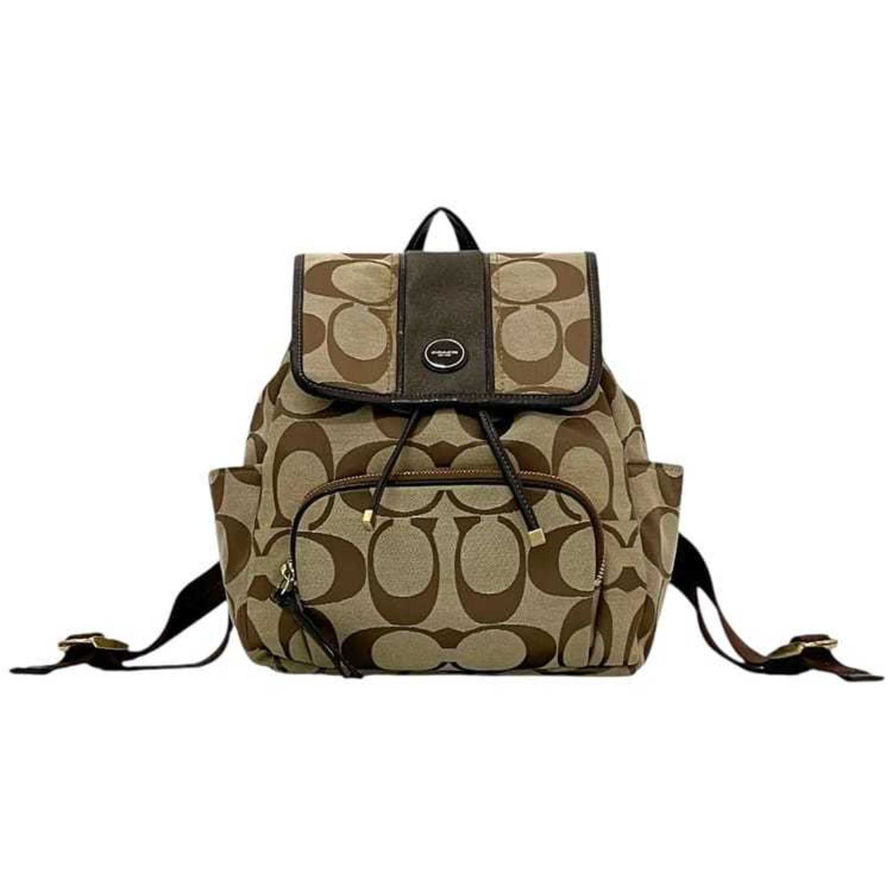 Coach Backpack Beige Brown Signature Canvas Leather Flap Men's Rucksack