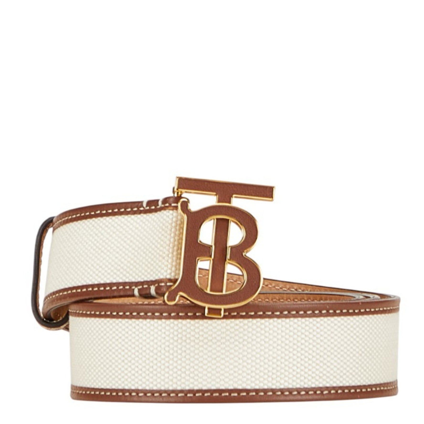 Burberry TB Logo Belt, Size L, White/Brown Canvas/Leather