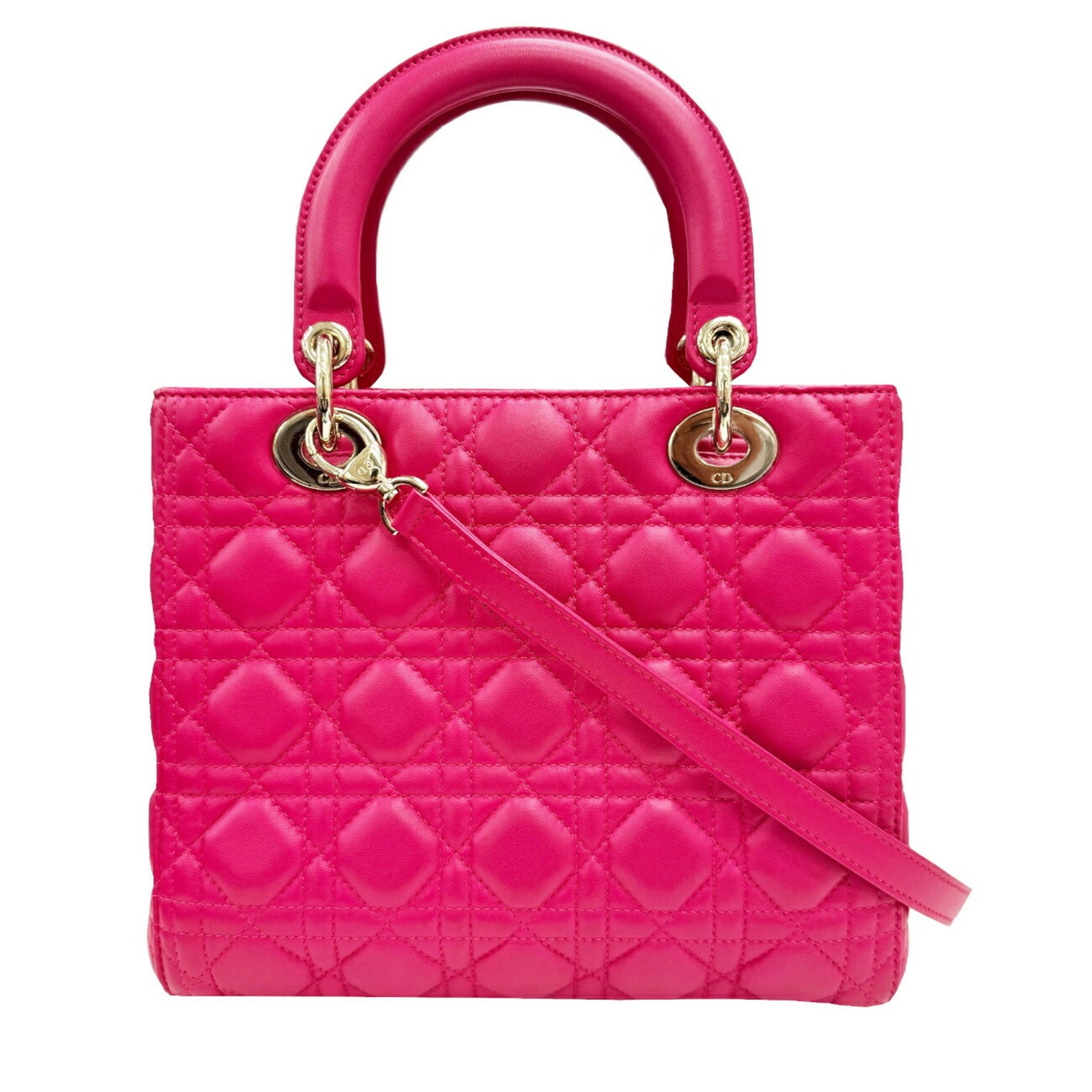 Christian Dior Dior Lady Cannage Medium Lambskin 2-Way Handbag/Shoulder Bag, Pink