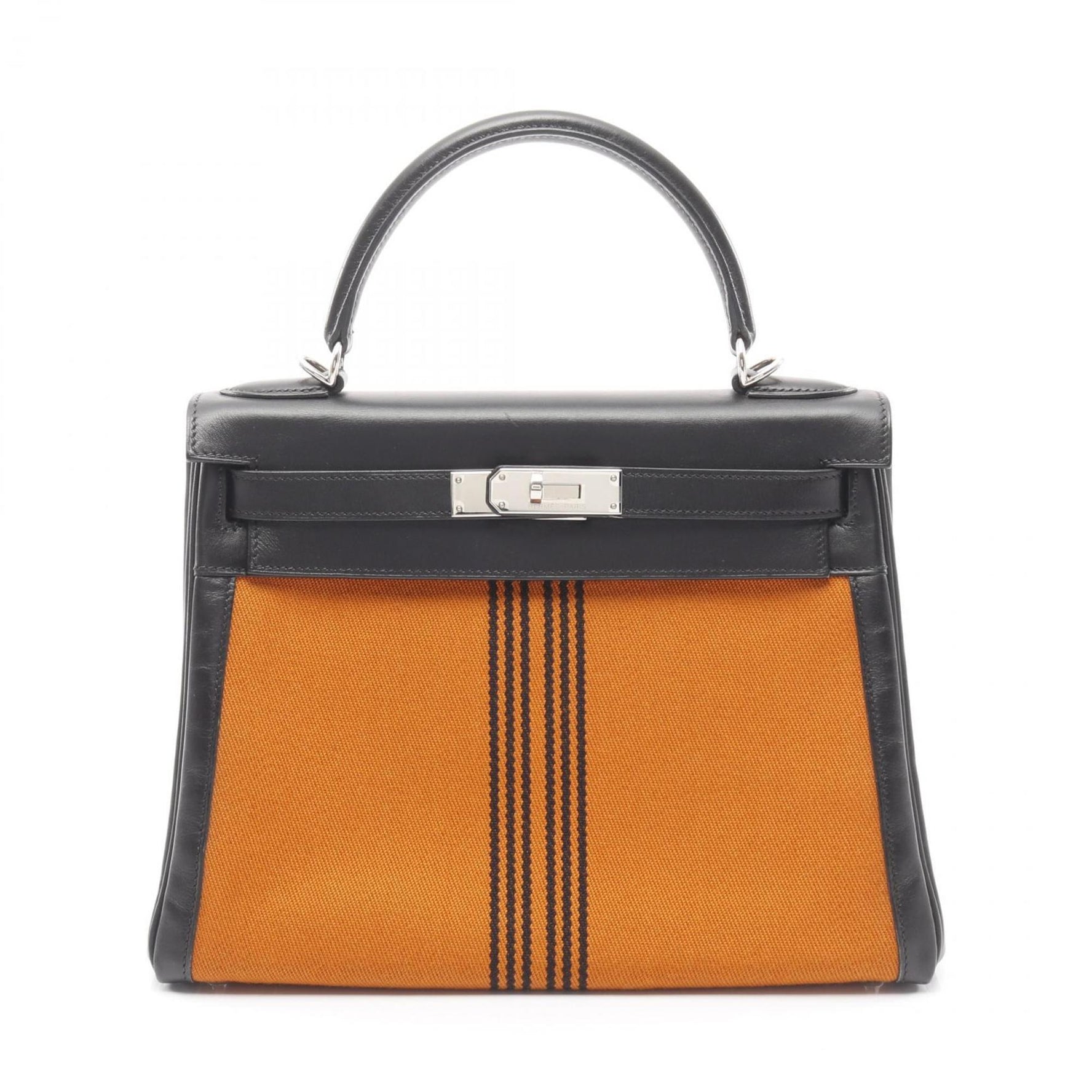 Hermes Hermès Kelly 28 handbag in calfskin toile Potamos box calf leather. Available black and orange.