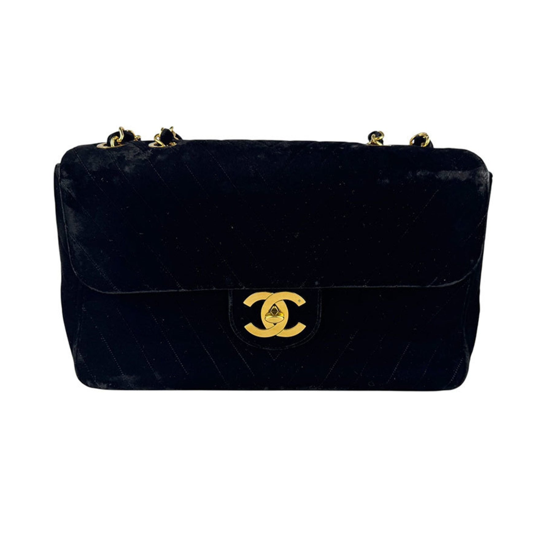 CHANEL Shoulder Bag Velvet Black Gold Women's Z6549