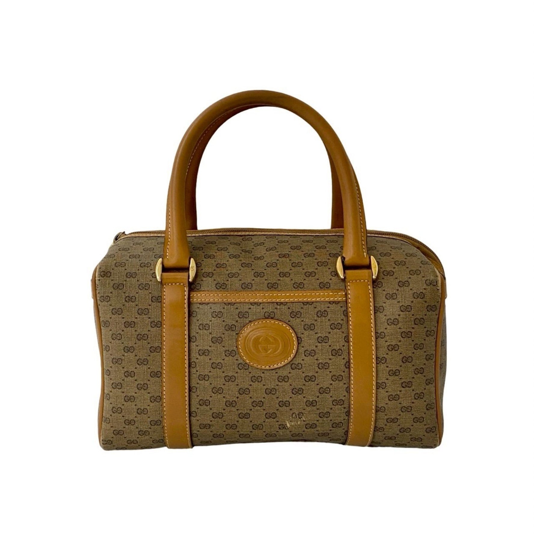 GUCCI Old Gucci Micro GG Logo Leather Handbag/Mini Boston Bag in Camel (33618)