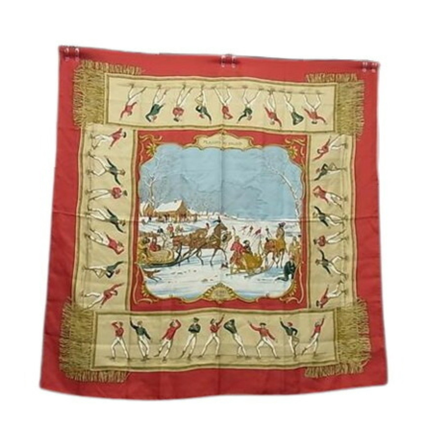 HERMES Scarf/Muffler Carré 90 - Red 100% Silk LAISIRS DU FROID Joy on Ice Shawl