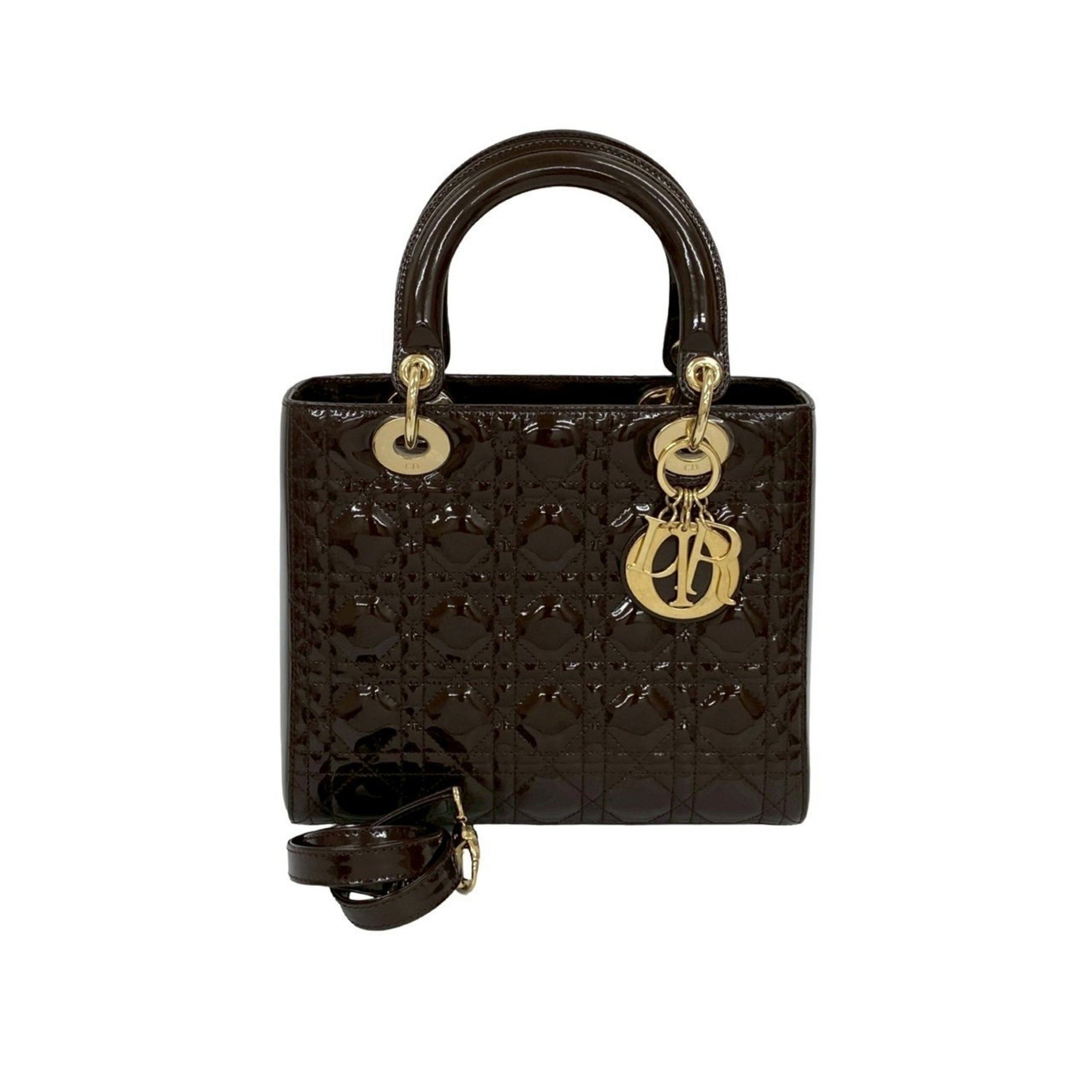 Christian Dior Lady Cannage Patent Leather 2-Way Handbag/Shoulder Bag, Brown,