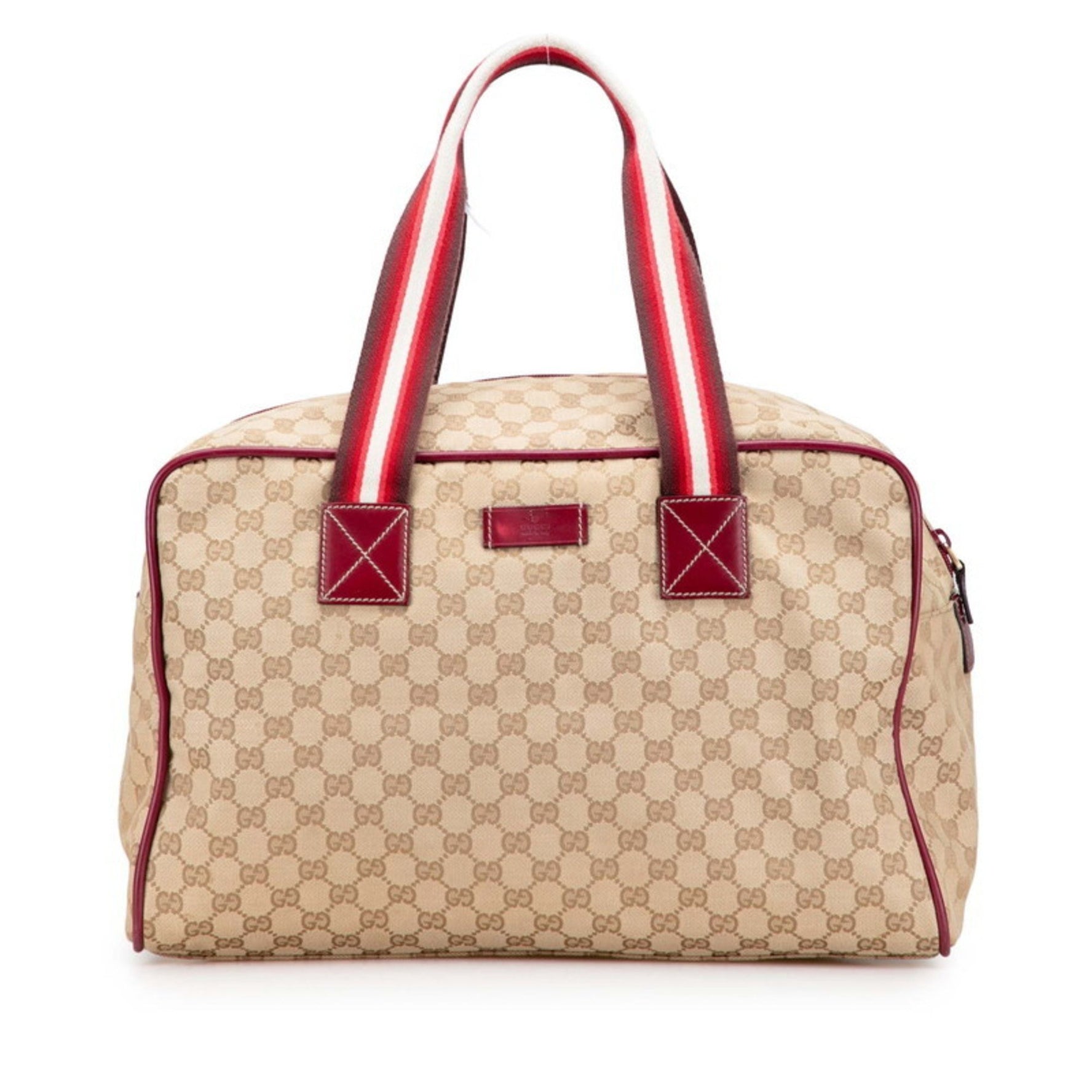 Gucci GG Canvas Boston Bag Beige Red Leather