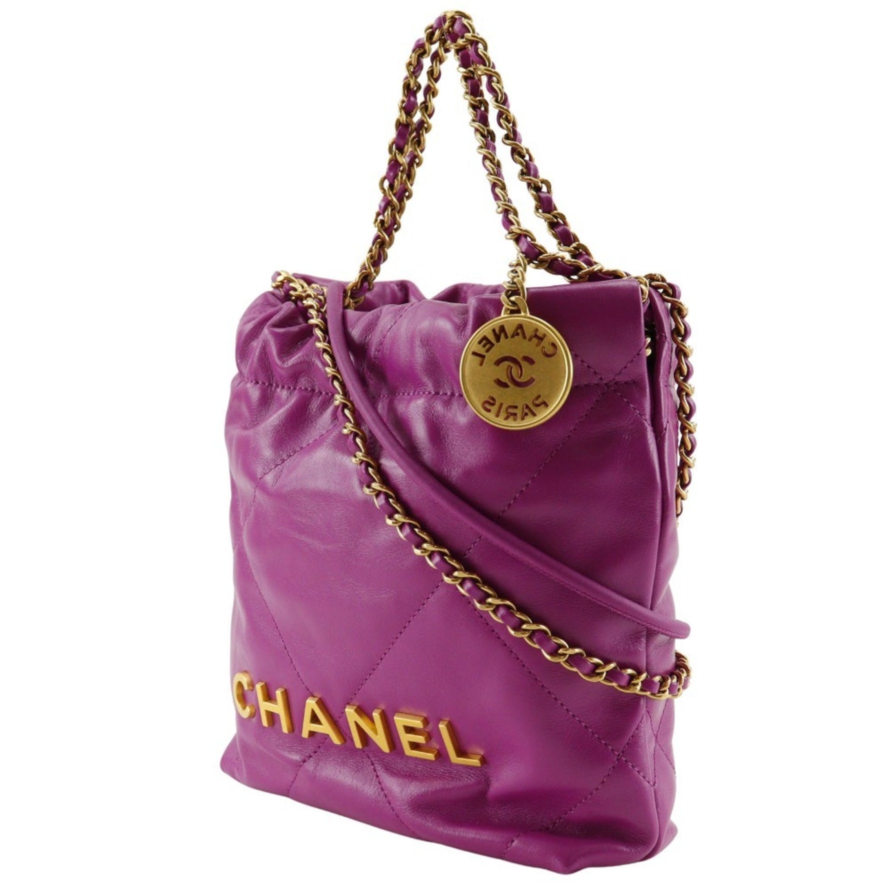 CHANEL 22 Shoulder Bag Handbag AS3980 Calfskin Purple 2way Mini Women's