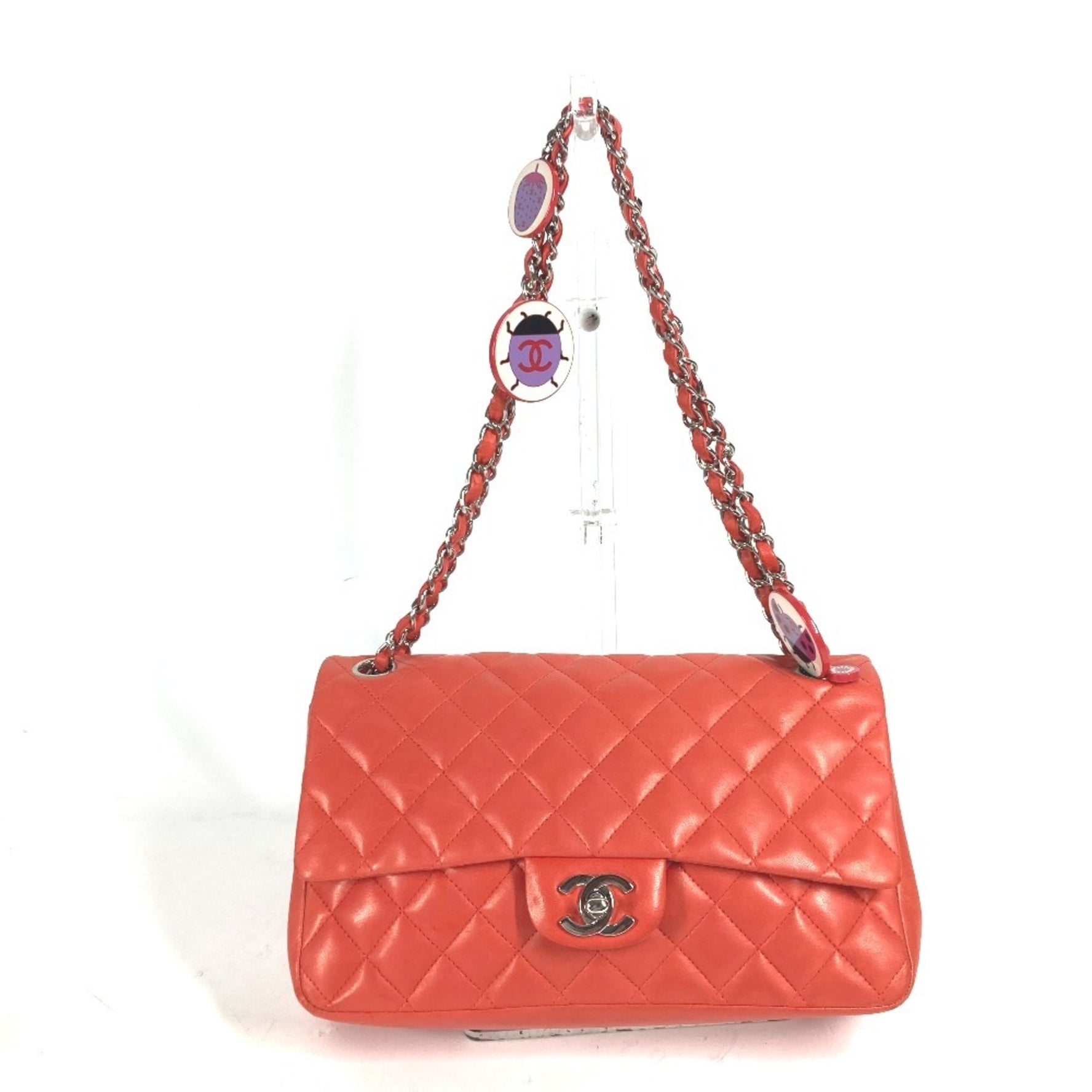 CHANEL Shoulder Bag Matelasse 25 Ladybug Strawberry W Chain Lambskin Red