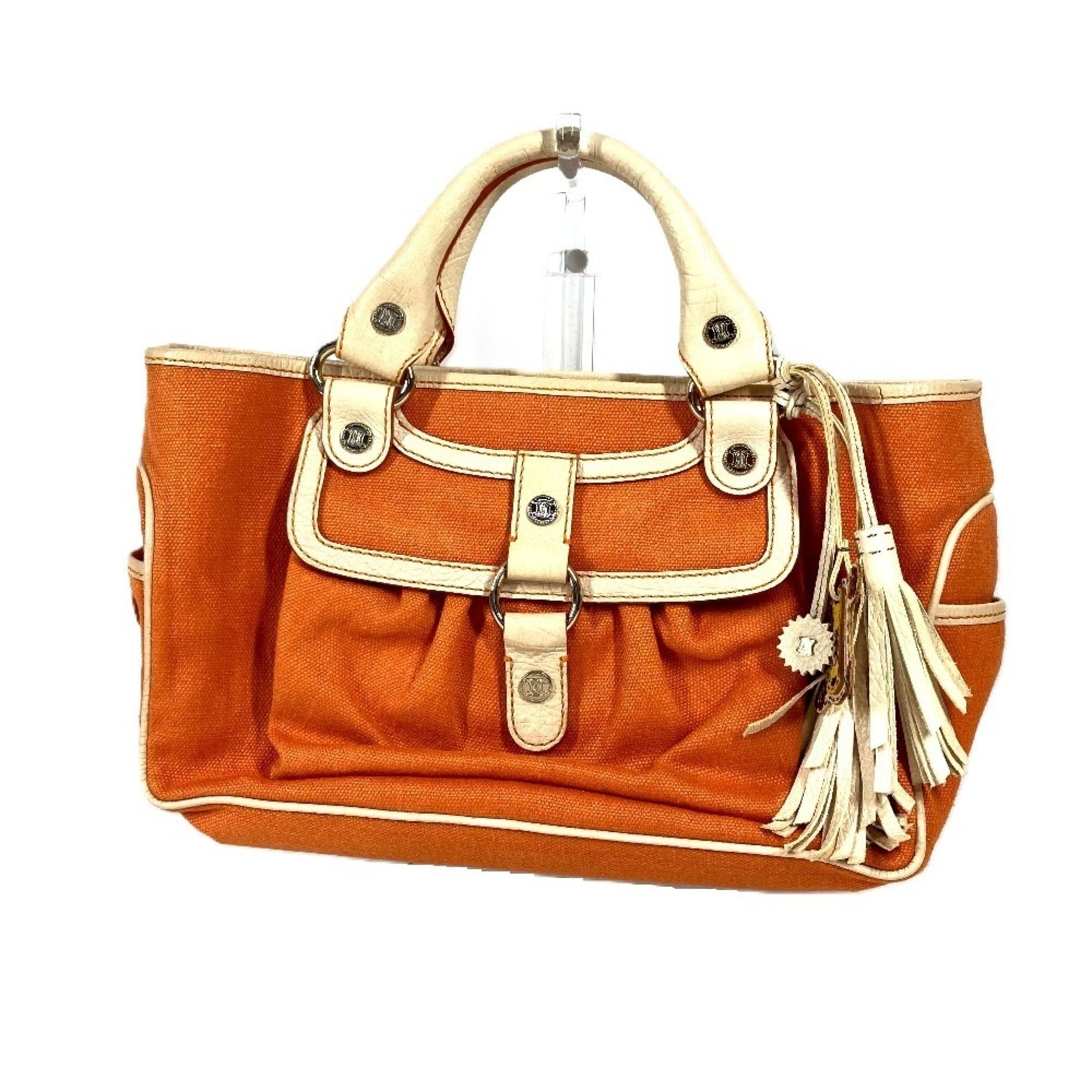 CELINE Fringe Tassel Triomphe Logo Boogie Bag Tote Handbag Leather Canvas Orange