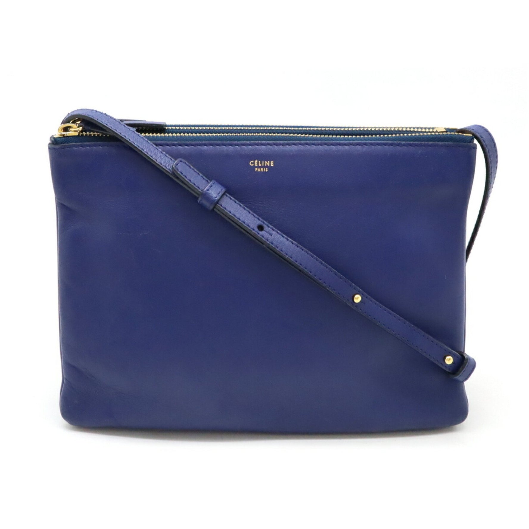 CELINE Trio Large Shoulder Bag Pochette Pouch Leather Navy